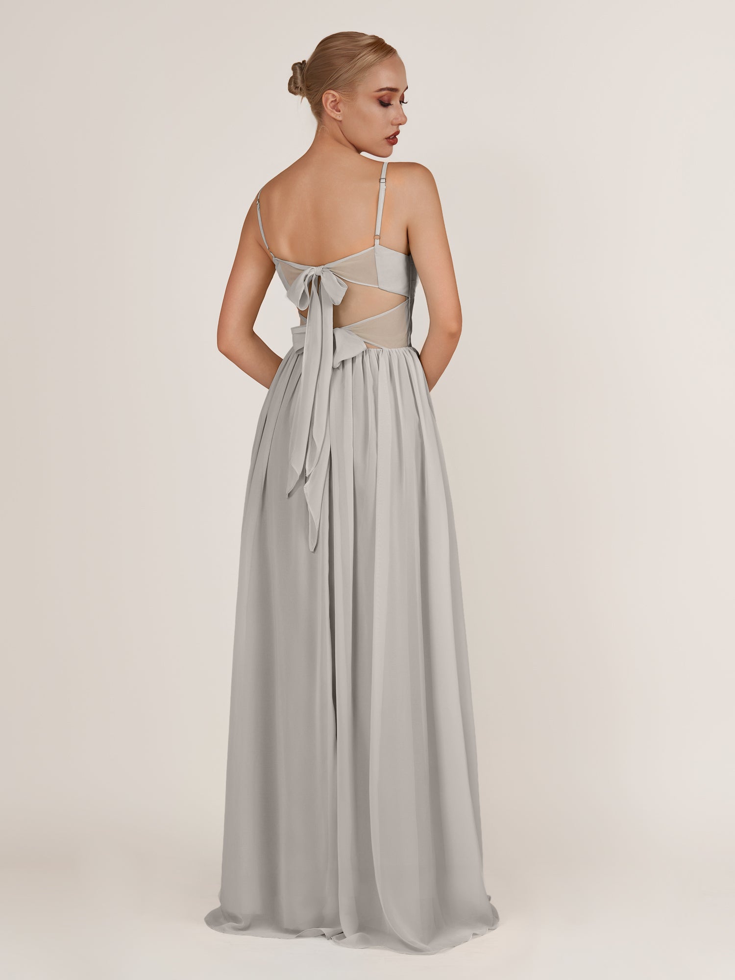 KissDress-Quillaine Silver A Line V Neck Twisted Long Bridesmaid Dress with Slit