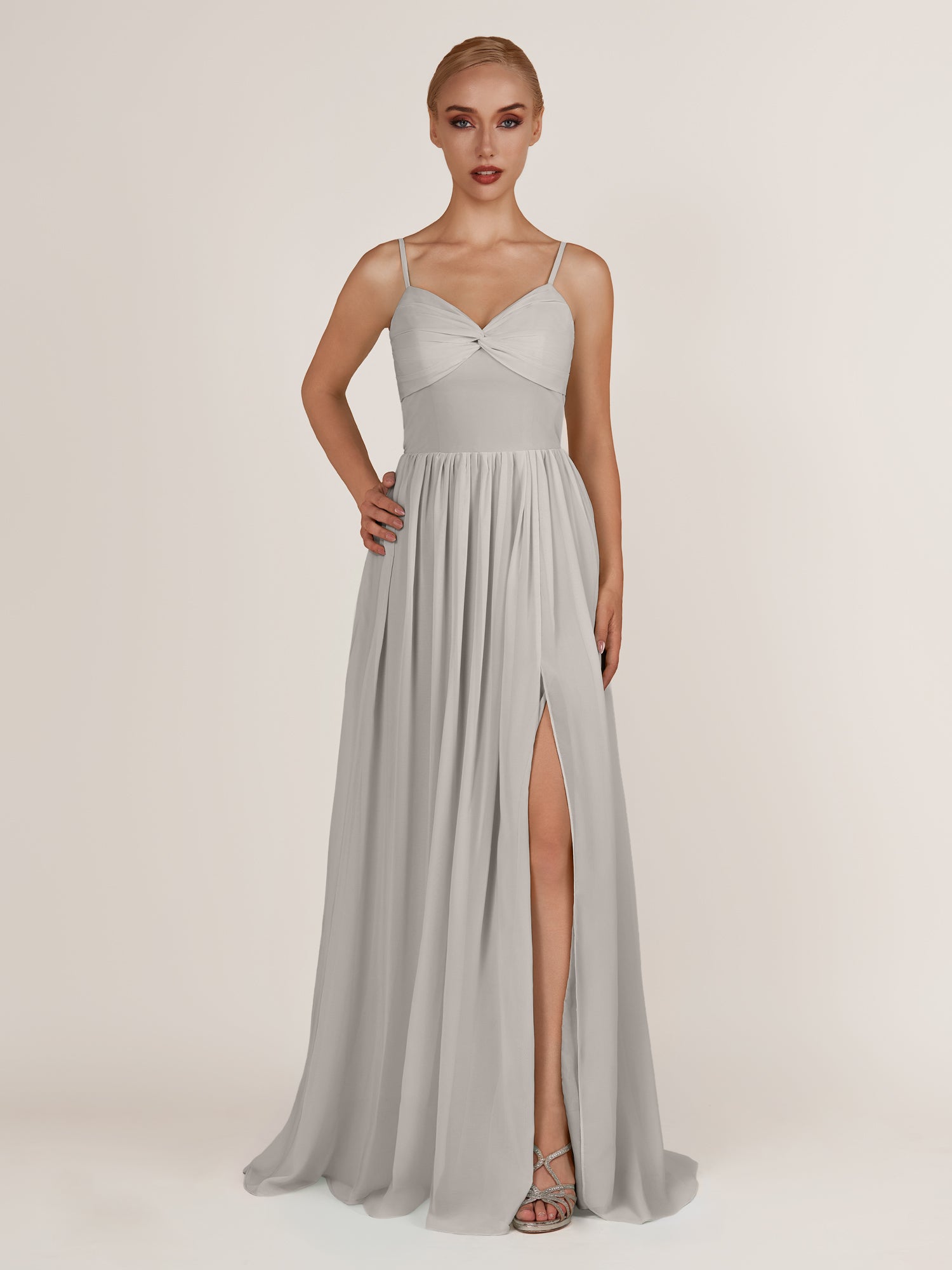 KissDress-Quillaine Silver A Line V Neck Twisted Long Bridesmaid Dress with Slit