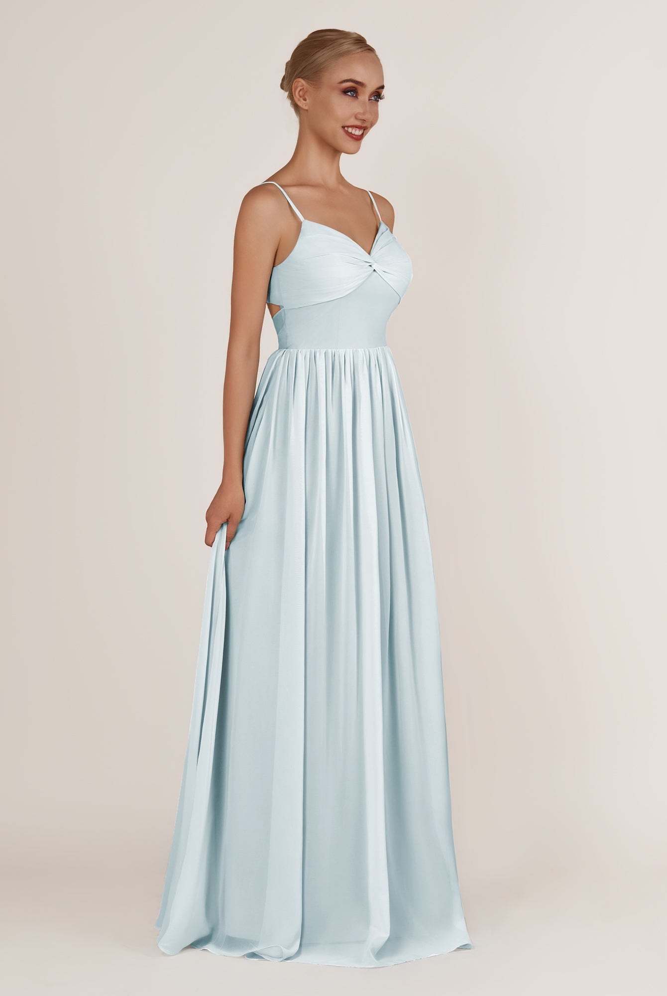 KissDress-Quillaine Sky Blue A Line V Neck Twisted Long Bridesmaid Dress with Slit