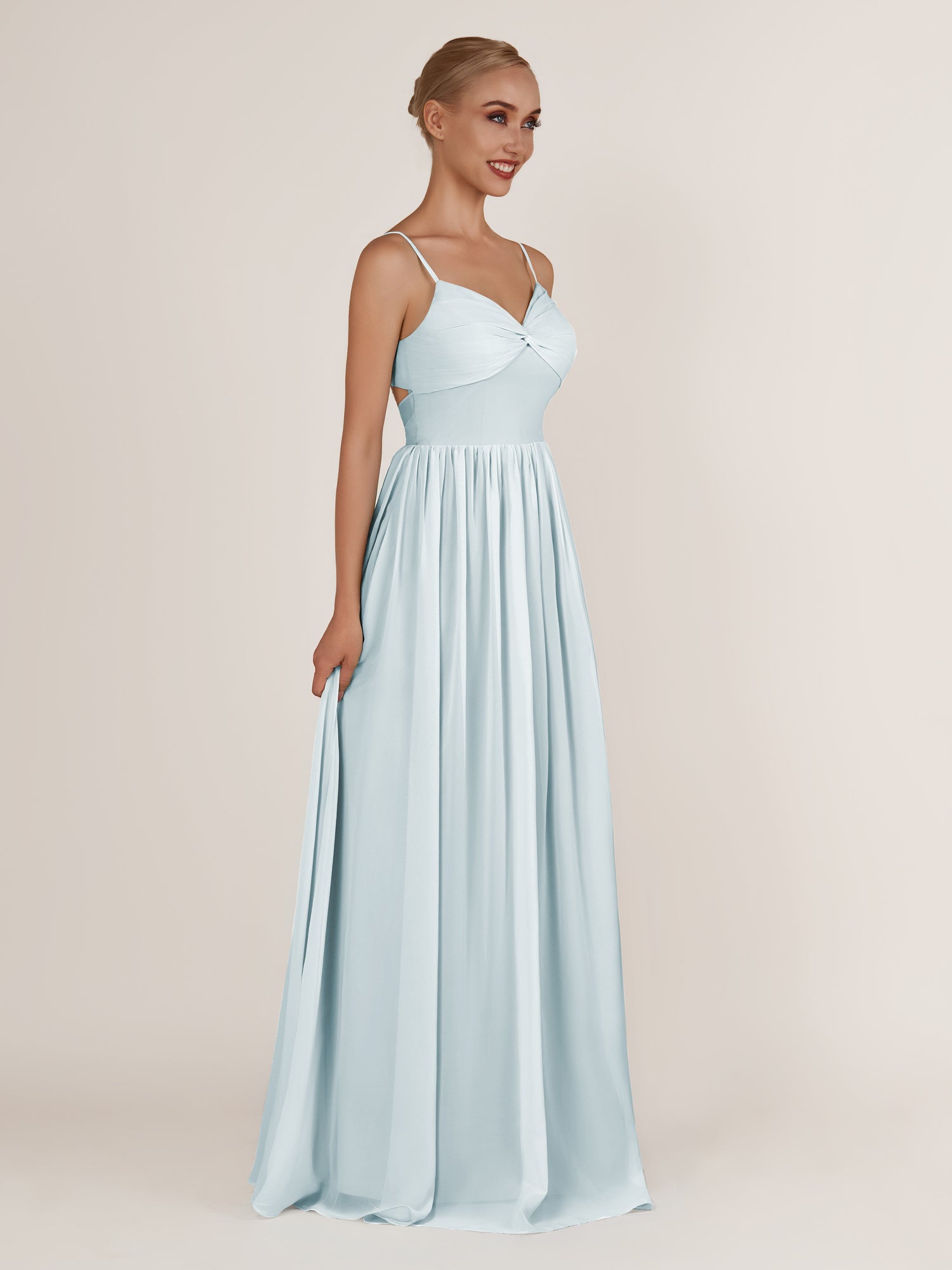 KissDress-Quillaine Sky Blue A Line V Neck Twisted Long Bridesmaid Dress with Slit