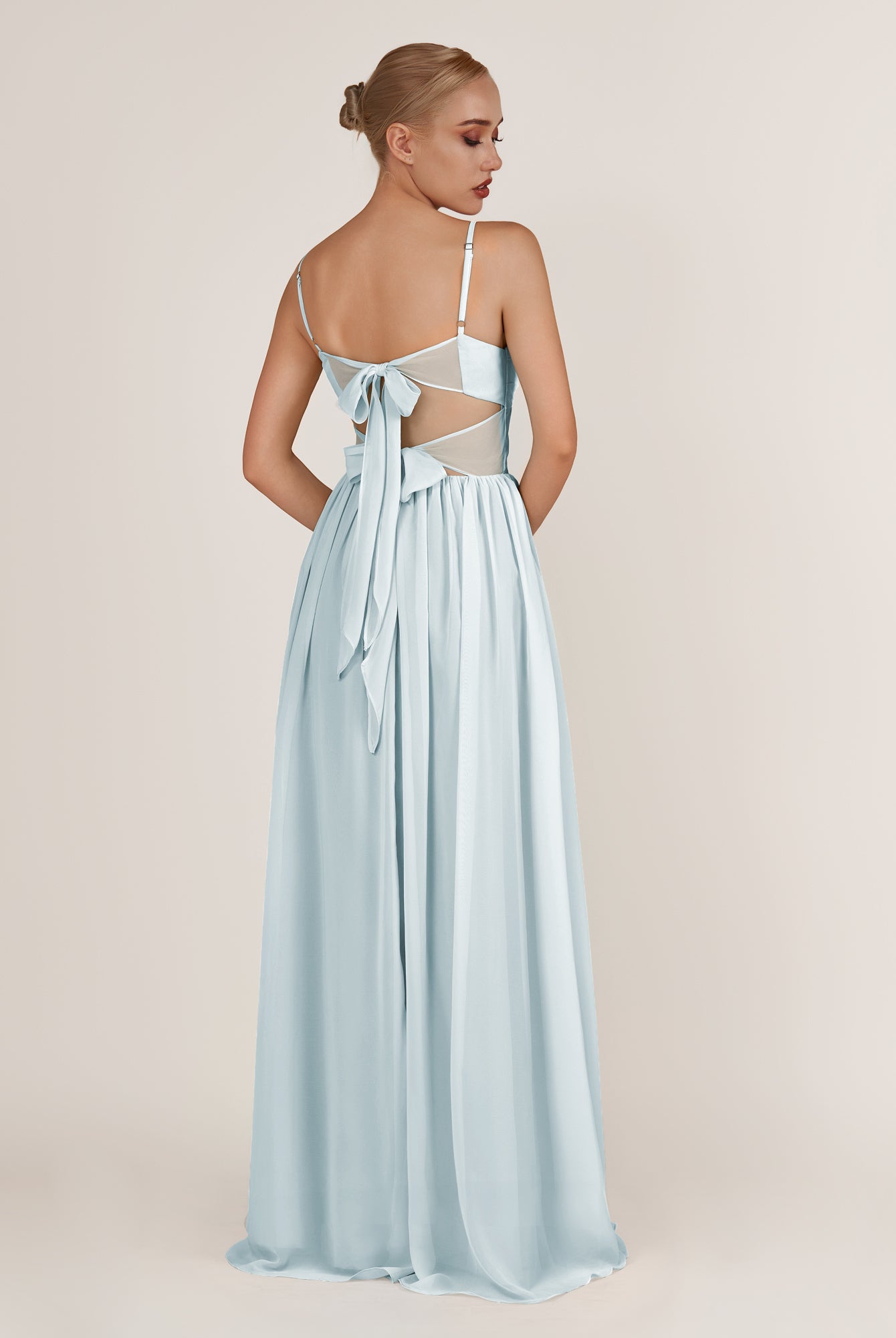 KissDress-Quillaine Sky Blue A Line V Neck Twisted Long Bridesmaid Dress with Slit