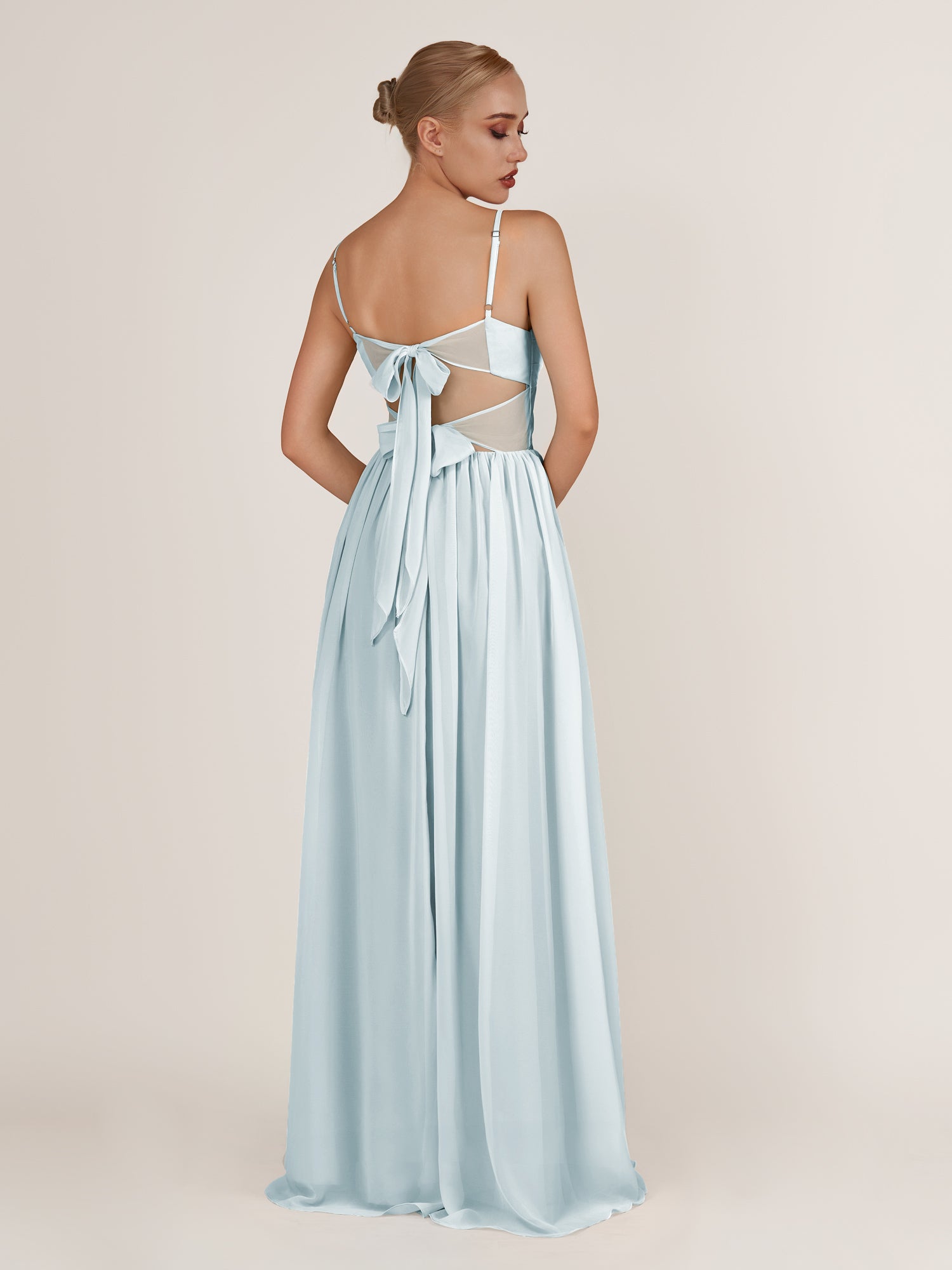 KissDress-Quillaine Sky Blue A Line V Neck Twisted Long Bridesmaid Dress with Slit