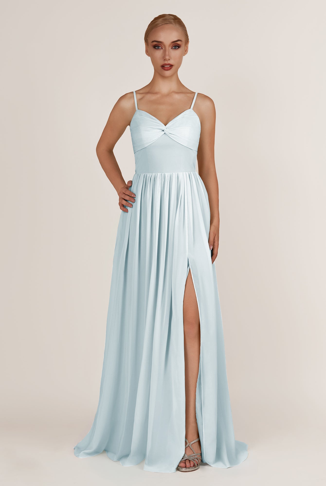 KissDress-Quillaine Sky Blue A Line V Neck Twisted Long Bridesmaid Dress with Slit