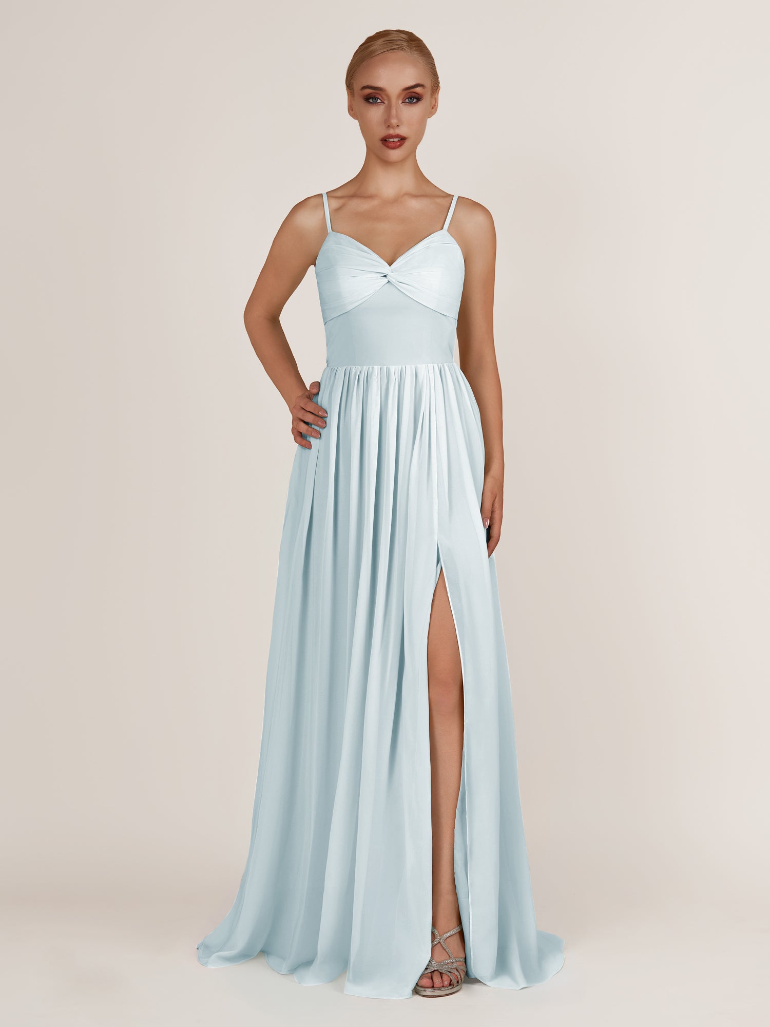 KissDress-Quillaine Sky Blue A Line V Neck Twisted Long Bridesmaid Dress with Slit