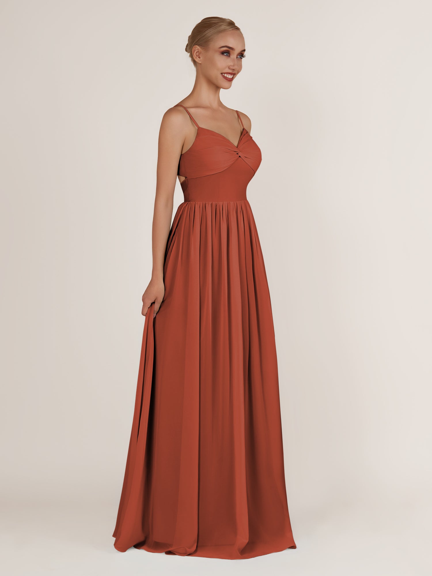 KissDress-Quillaine Spice A Line V Neck Twisted Long Bridesmaid Dress with Slit
