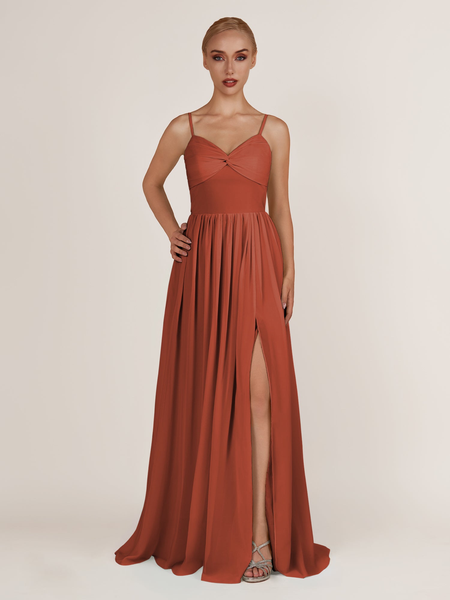 KissDress-Quillaine Spice A Line V Neck Twisted Long Bridesmaid Dress with Slit