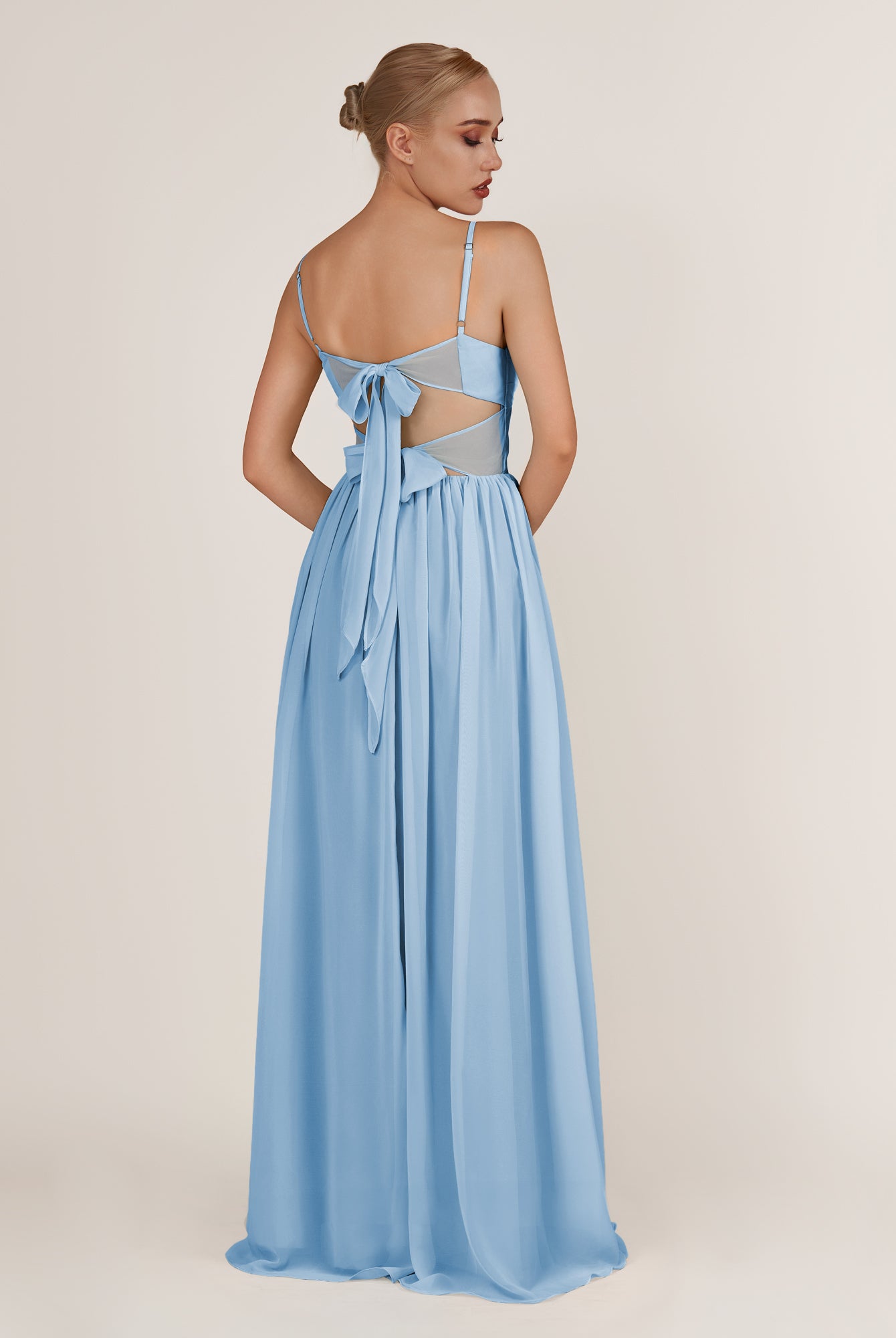 KissDress-Quillaine Steel Blue A Line V Neck Twisted Long Bridesmaid Dress with Slit