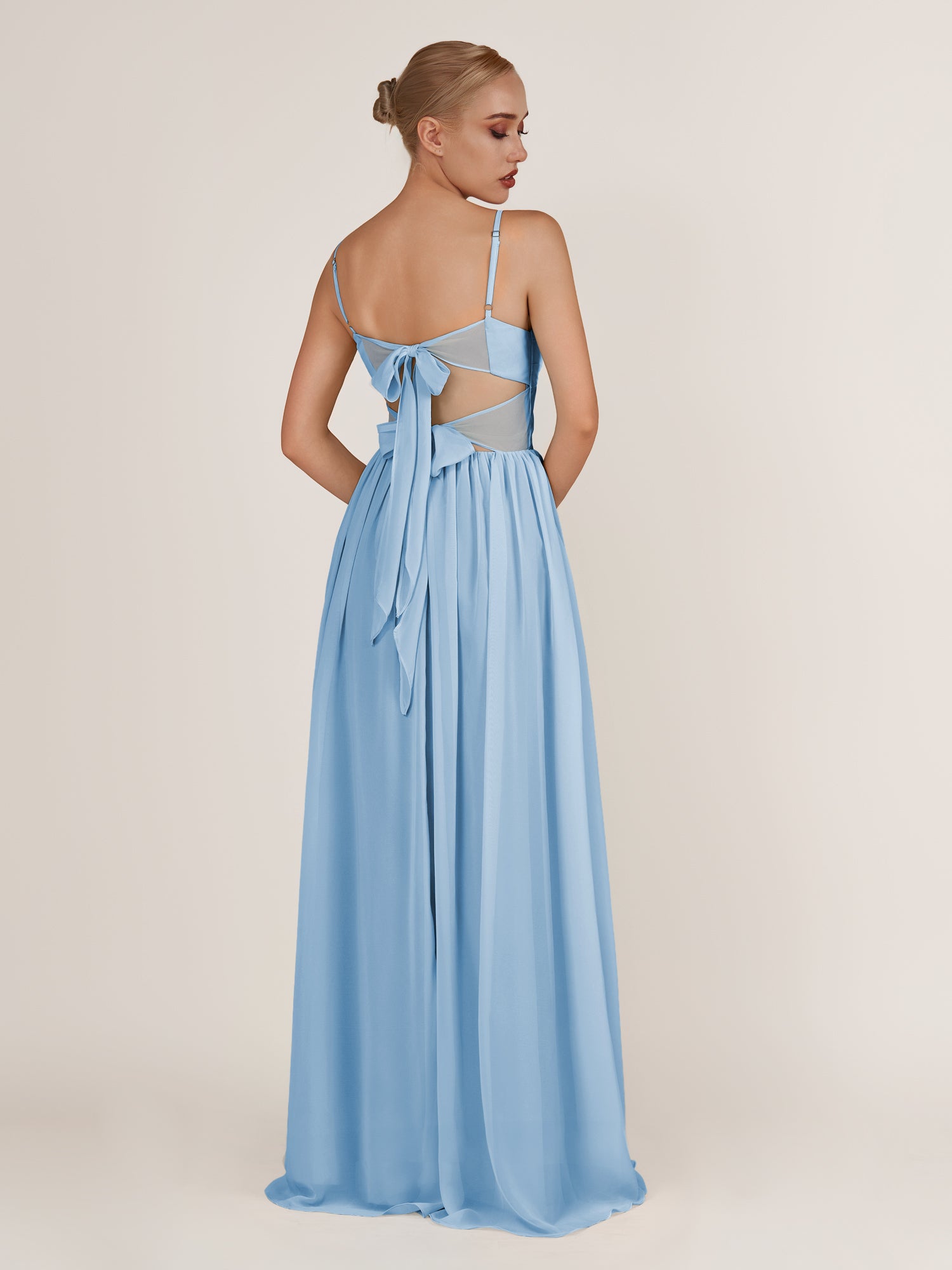KissDress-Quillaine Steel Blue A Line V Neck Twisted Long Bridesmaid Dress with Slit