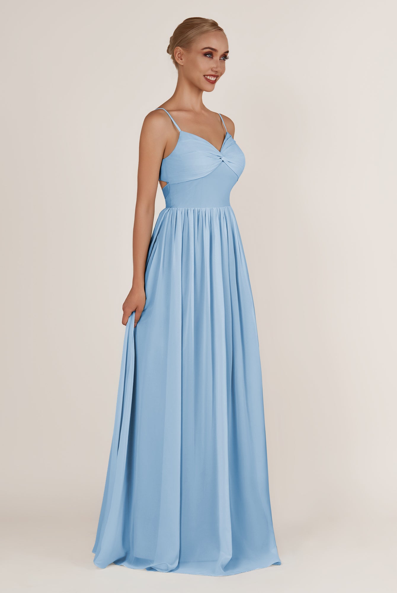 KissDress-Quillaine Steel Blue A Line V Neck Twisted Long Bridesmaid Dress with Slit