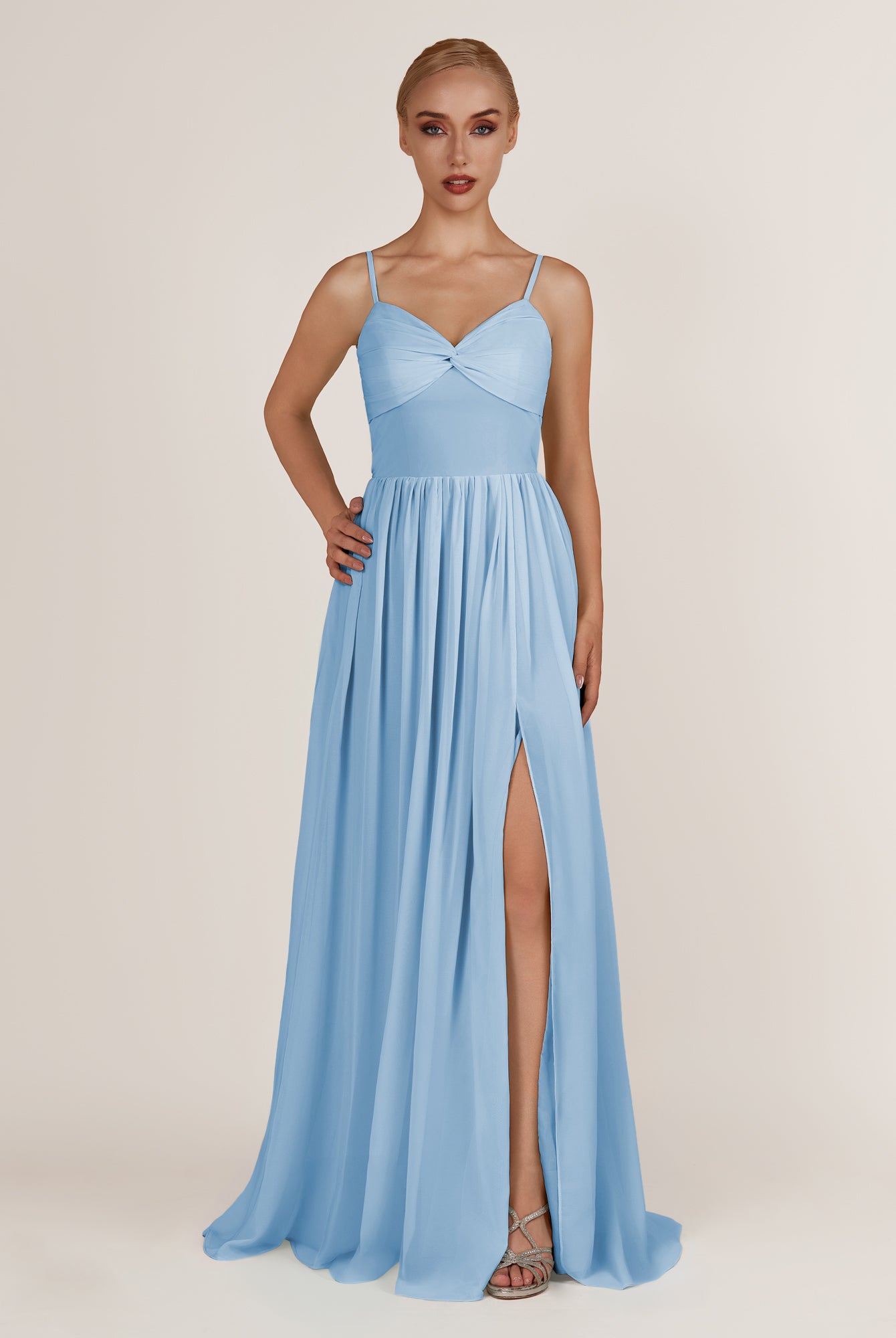 KissDress-Quillaine Steel Blue A Line V Neck Twisted Long Bridesmaid Dress with Slit