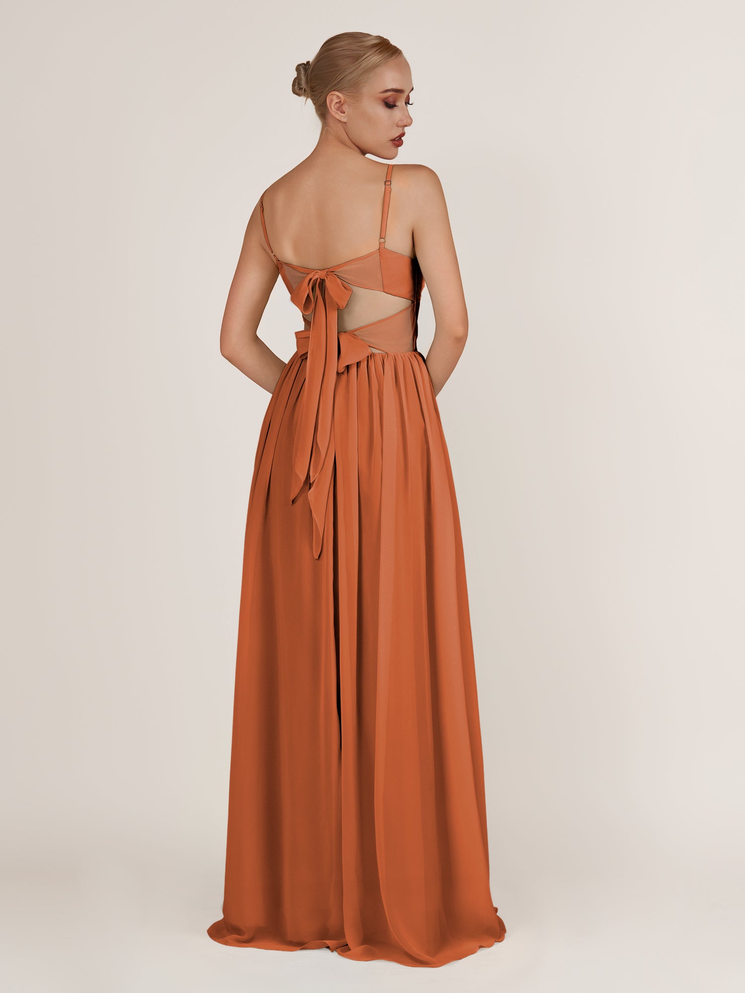KissDress-Quillaine Terracotta A Line V Neck Twisted Long Bridesmaid Dress with Slit