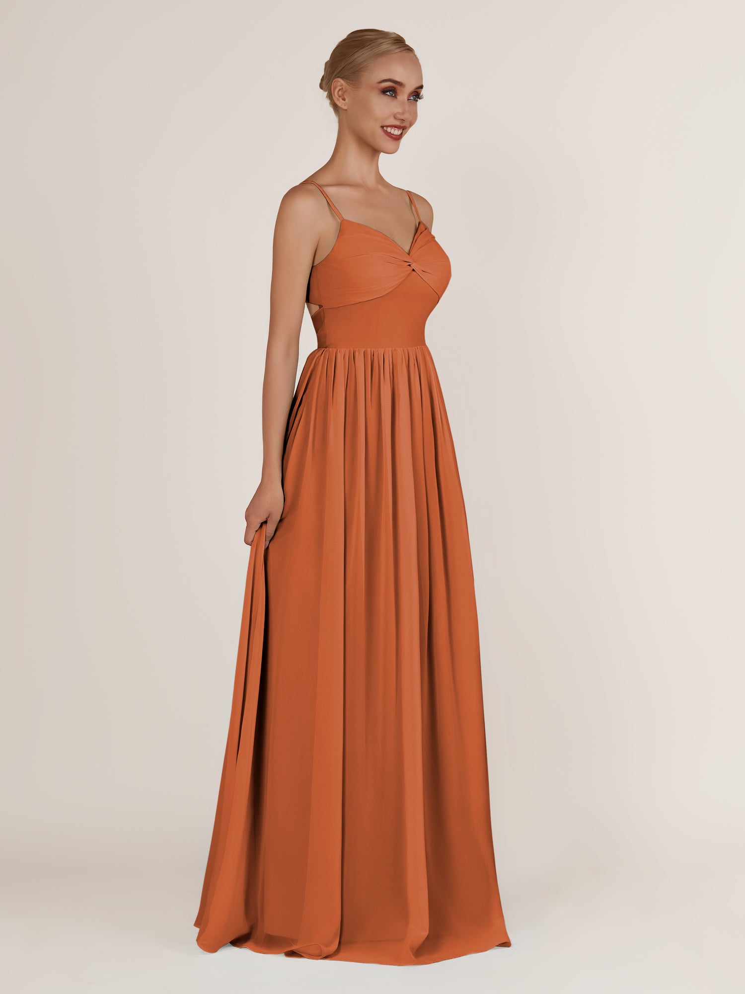 KissDress-Quillaine Terracotta A Line V Neck Twisted Long Bridesmaid Dress with Slit
