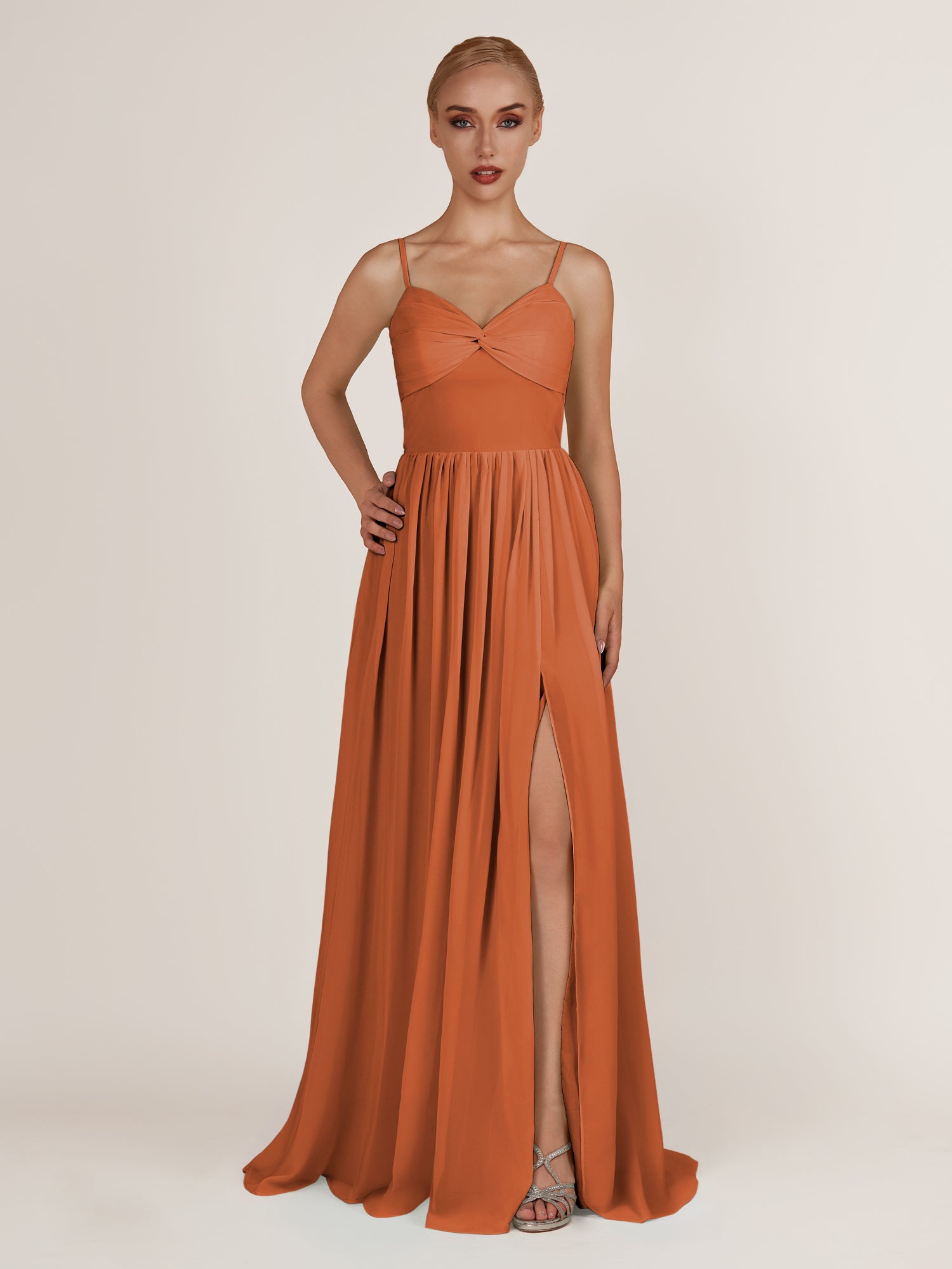 KissDress-Quillaine Terracotta A Line V Neck Twisted Long Bridesmaid Dress with Slit