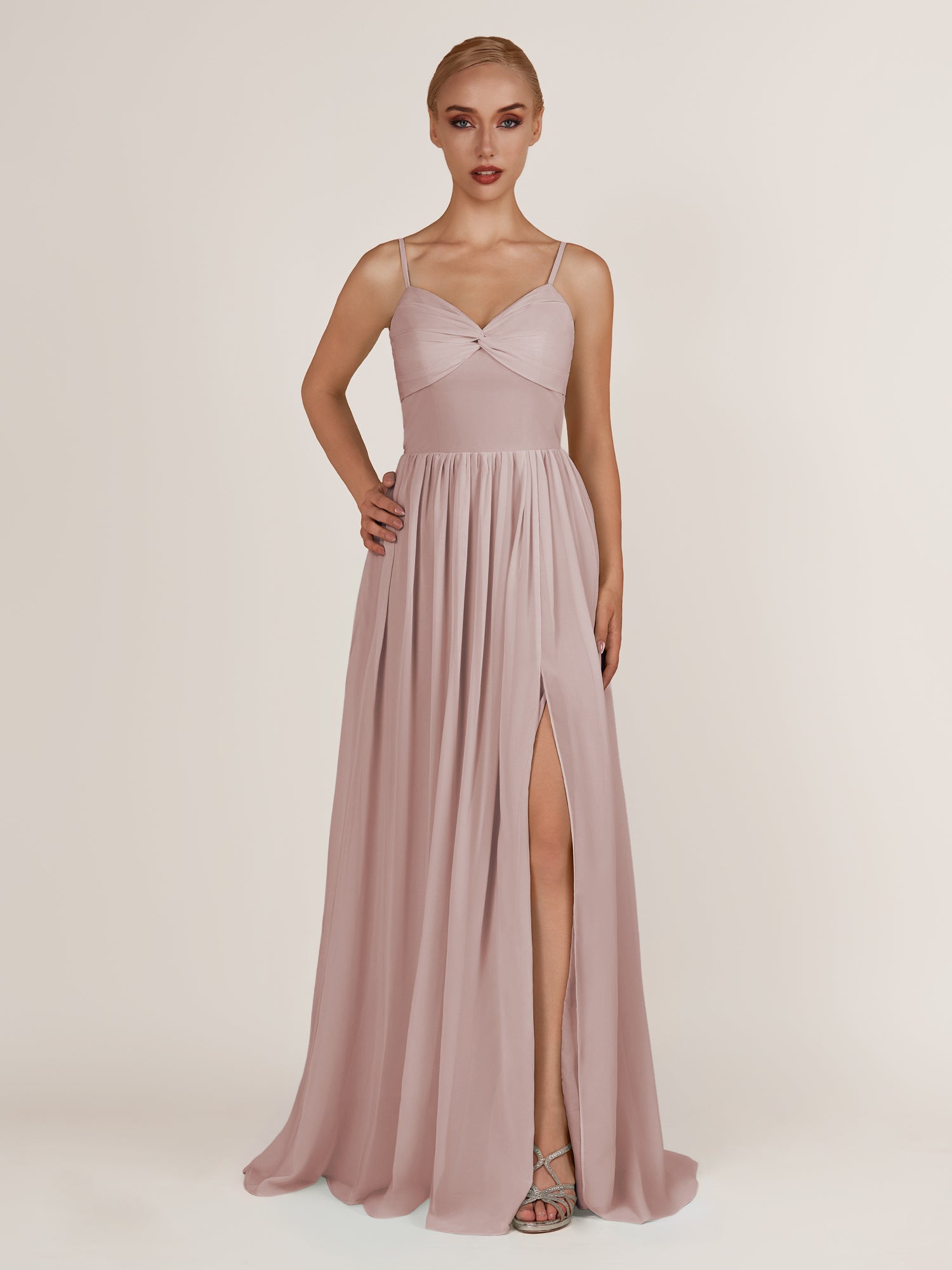 KissDress-Quillaine Toffee A Line V Neck Twisted Long Bridesmaid Dress with Slit