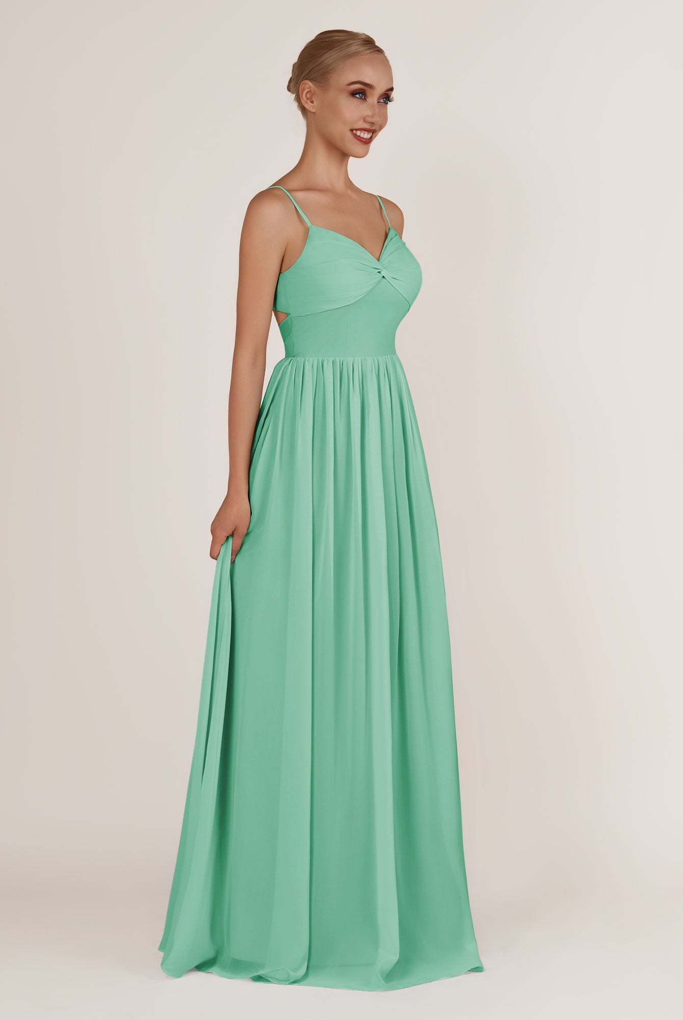 KissDress-Quillaine Turquoise A Line V Neck Twisted Long Bridesmaid Dress with Slit