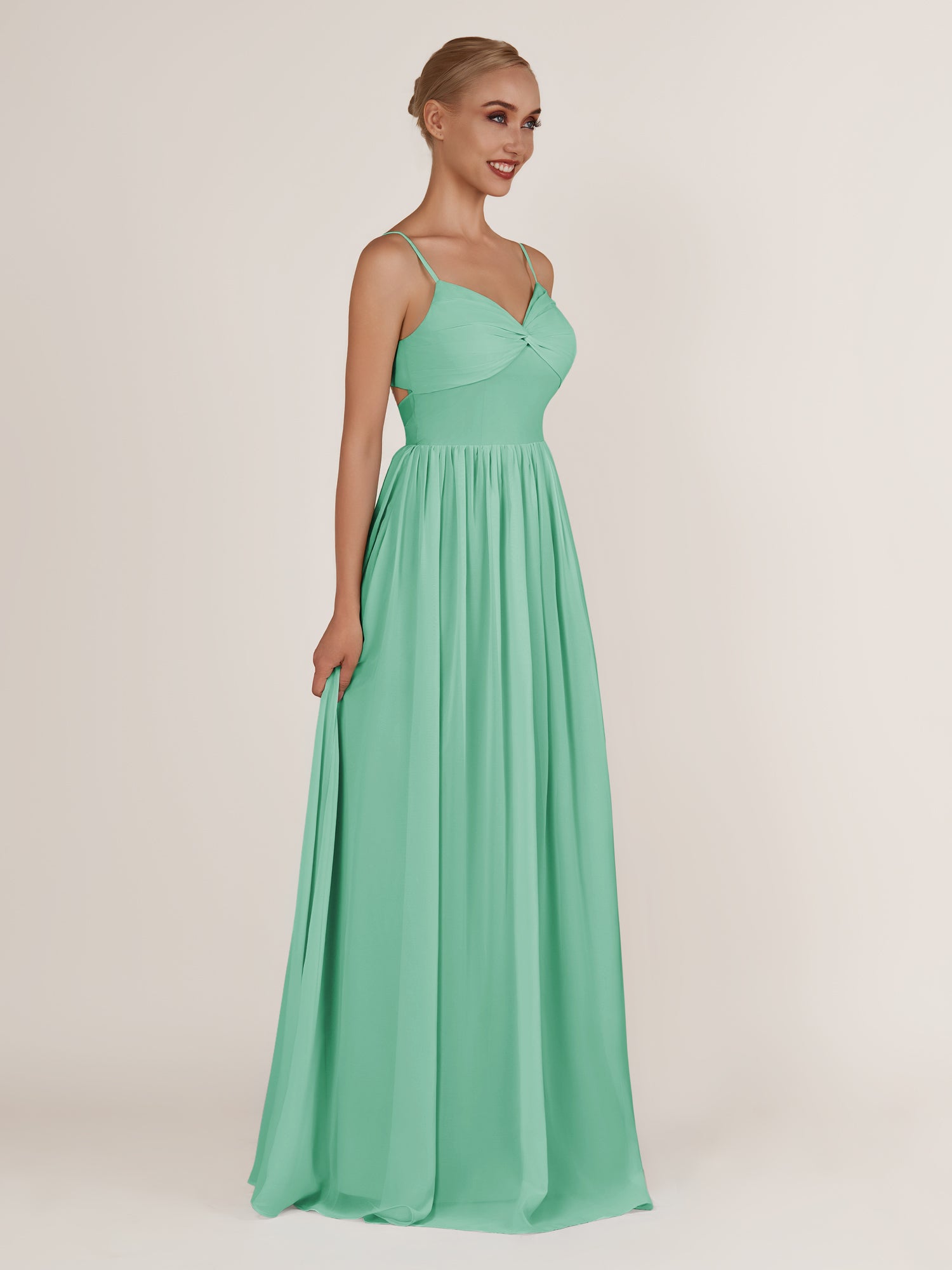KissDress-Quillaine Turquoise A Line V Neck Twisted Long Bridesmaid Dress with Slit