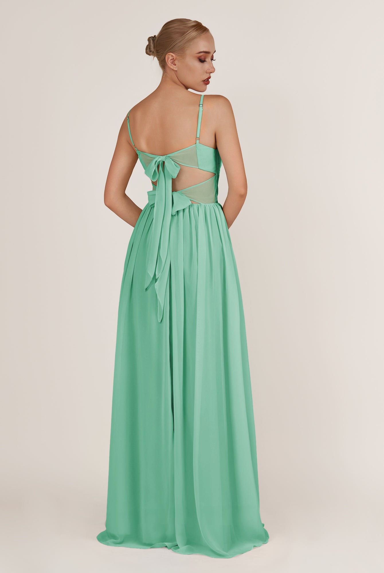 KissDress-Quillaine Turquoise A Line V Neck Twisted Long Bridesmaid Dress with Slit