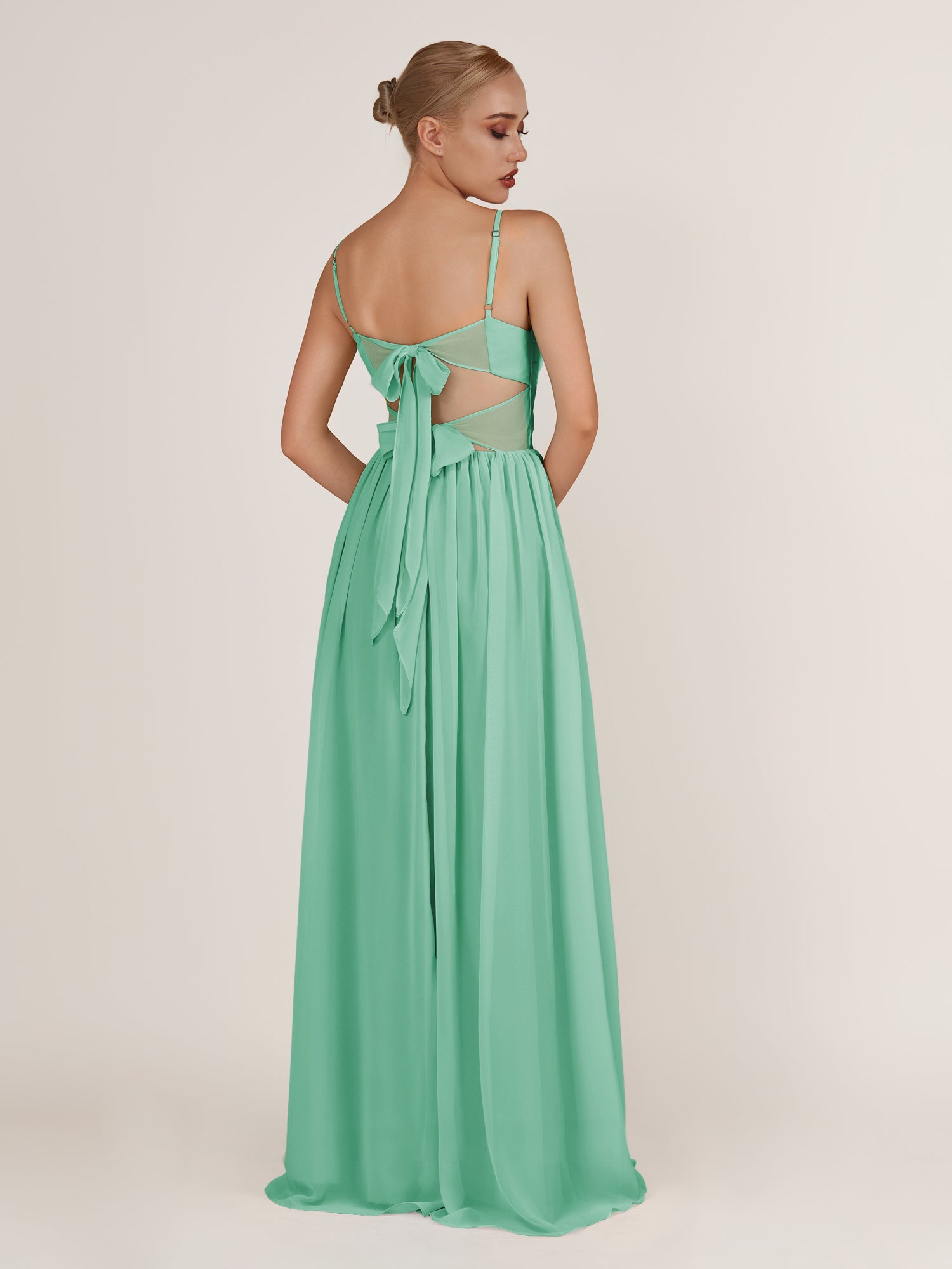 KissDress-Quillaine Turquoise A Line V Neck Twisted Long Bridesmaid Dress with Slit
