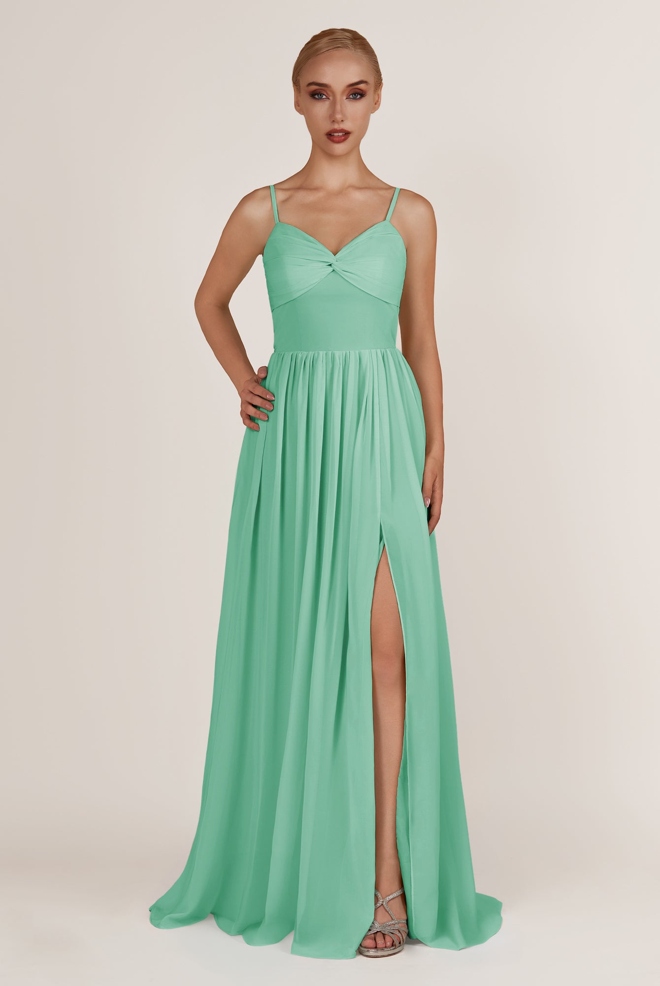 KissDress-Quillaine Turquoise A Line V Neck Twisted Long Bridesmaid Dress with Slit