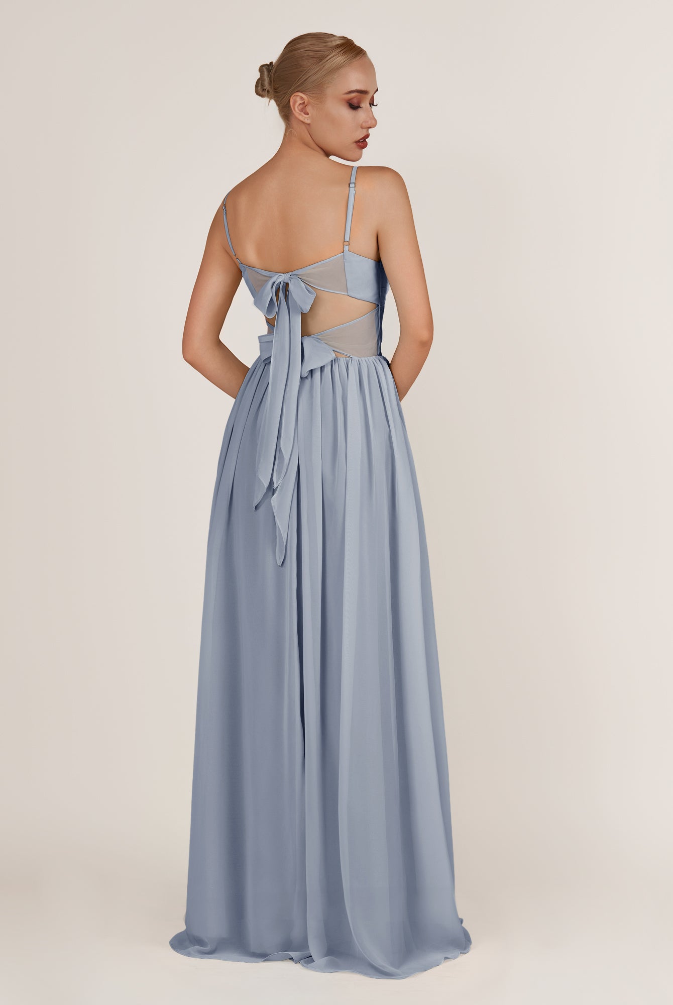 KissDress-Quillaine Twilight A Line V Neck Twisted Long Bridesmaid Dress with Slit
