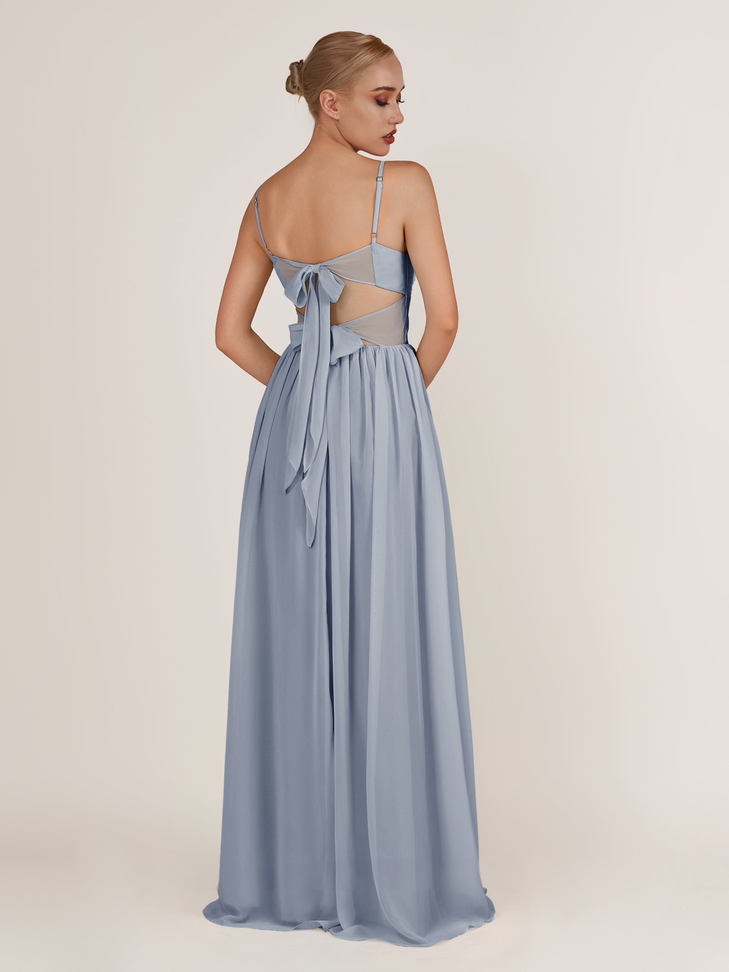 KissDress-Quillaine Twilight A Line V Neck Twisted Long Bridesmaid Dress with Slit