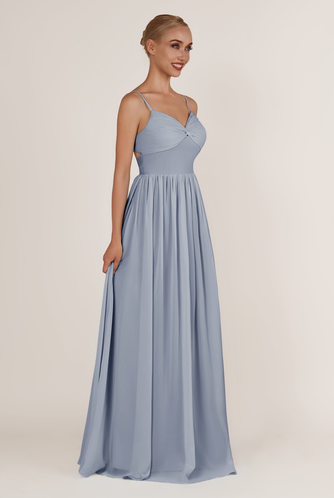 KissDress-Quillaine Twilight A Line V Neck Twisted Long Bridesmaid Dress with Slit