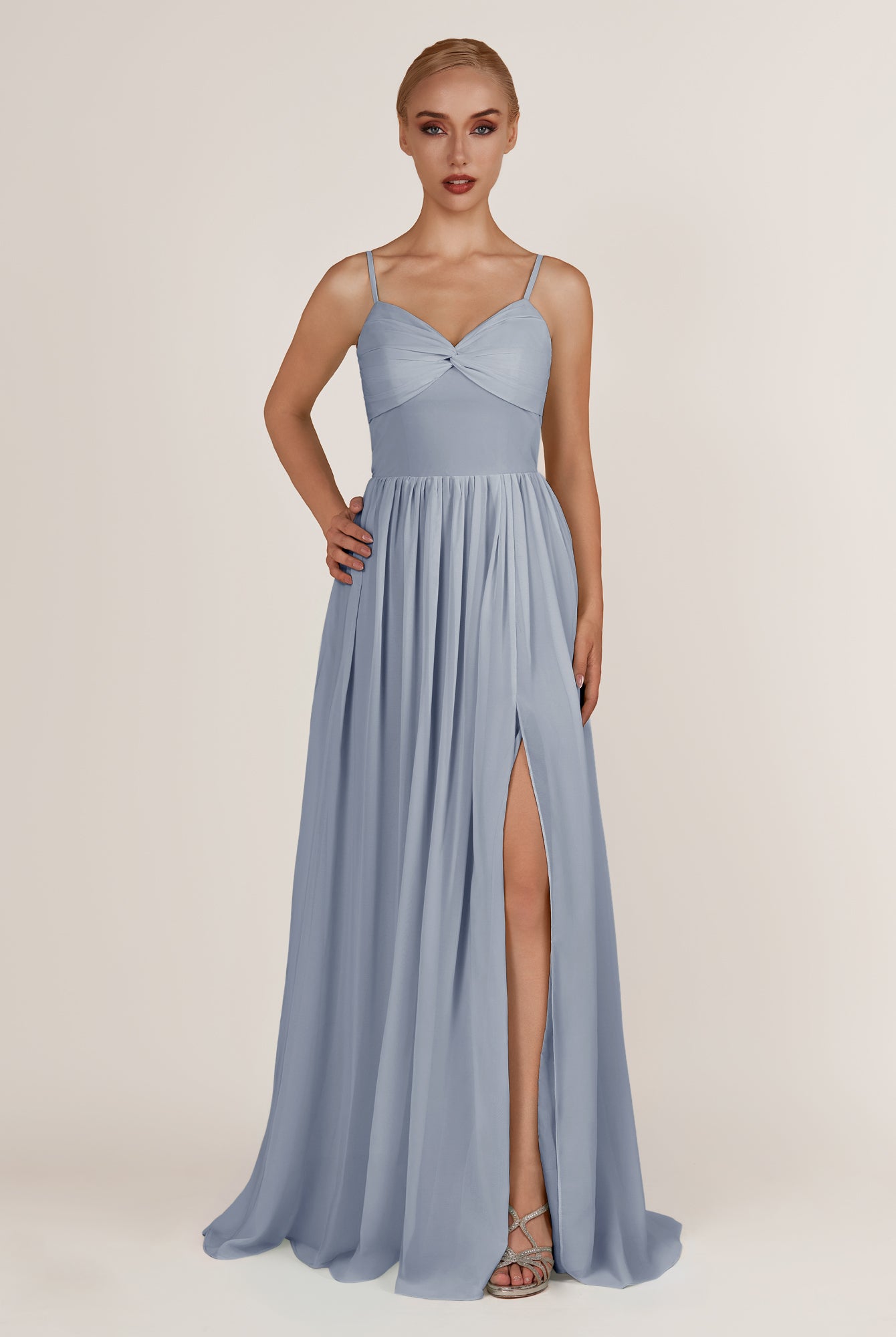 KissDress-Quillaine Twilight A Line V Neck Twisted Long Bridesmaid Dress with Slit