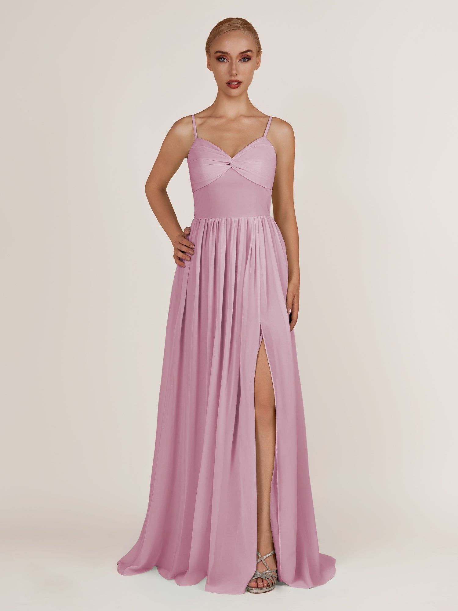 KissDress-Quillaine Vintage Mauve A Line V Neck Twisted Long Bridesmaid Dress with Slit