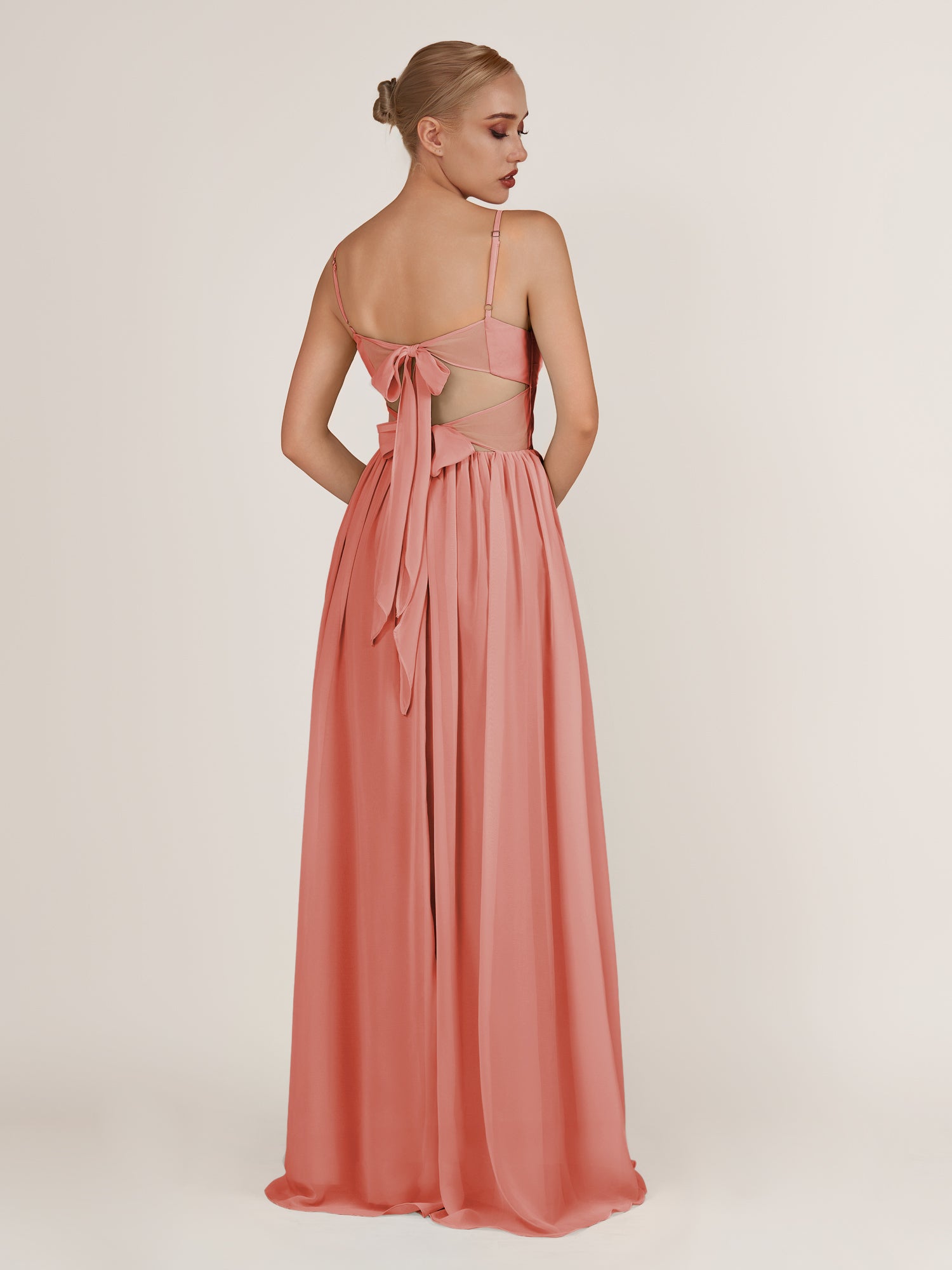 KissDress-Quillaine Wild Rose A Line V Neck Twisted Long Bridesmaid Dress with Slit