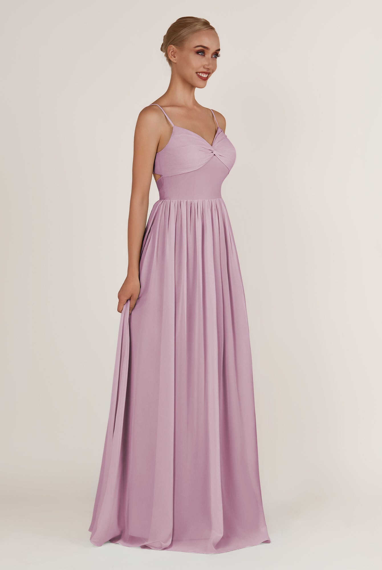 KissDress-Quillaine Wisteria A Line V Neck Twisted Long Bridesmaid Dress with Slit