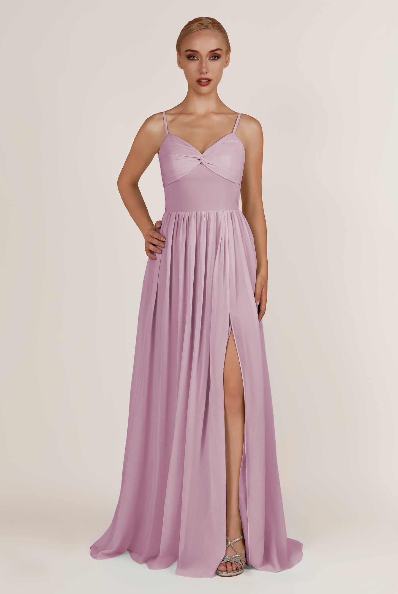 KissDress-Quillaine Wisteria A Line V Neck Twisted Long Bridesmaid Dress with Slit