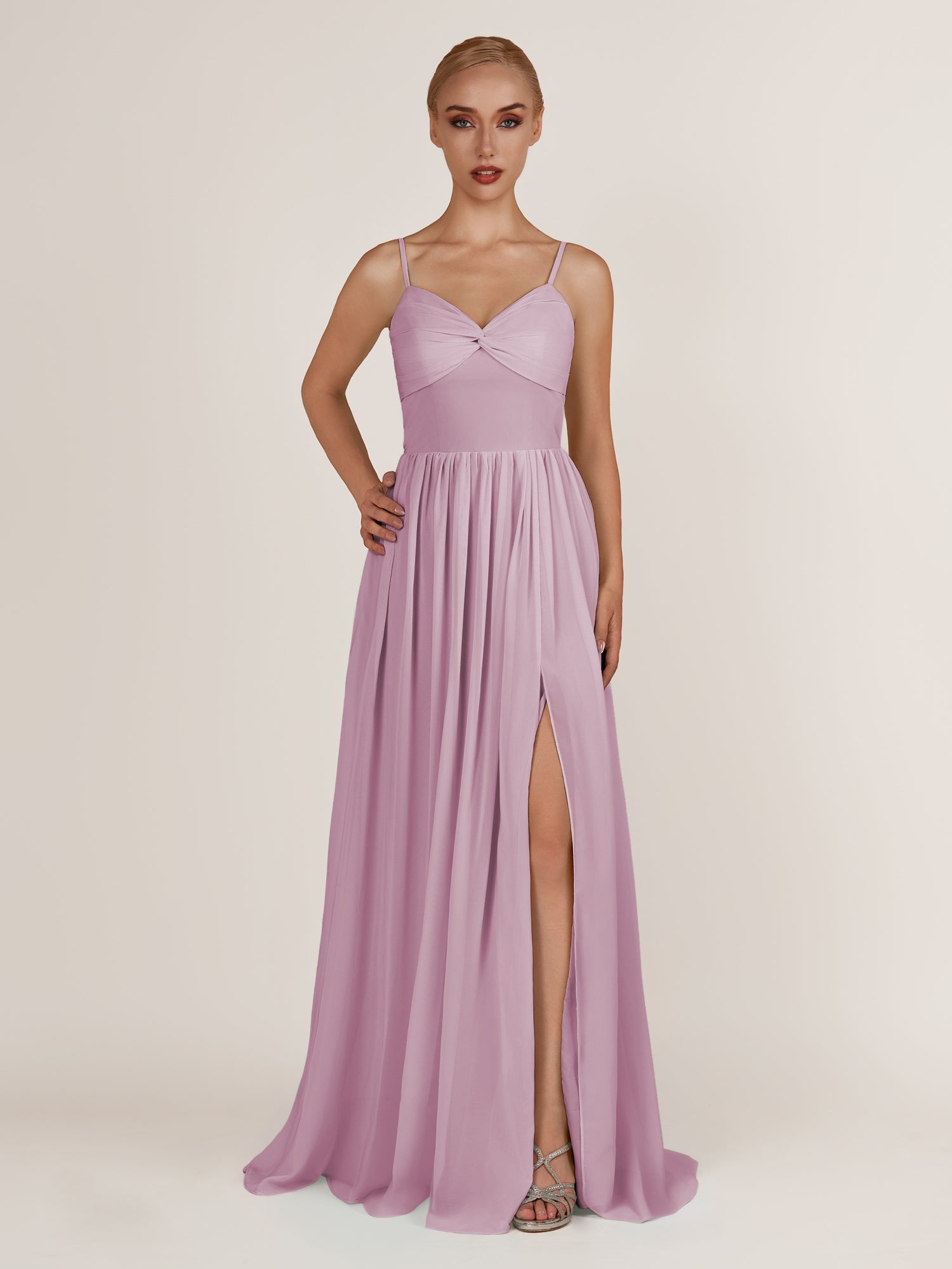 KissDress-Quillaine Wisteria A Line V Neck Twisted Long Bridesmaid Dress with Slit