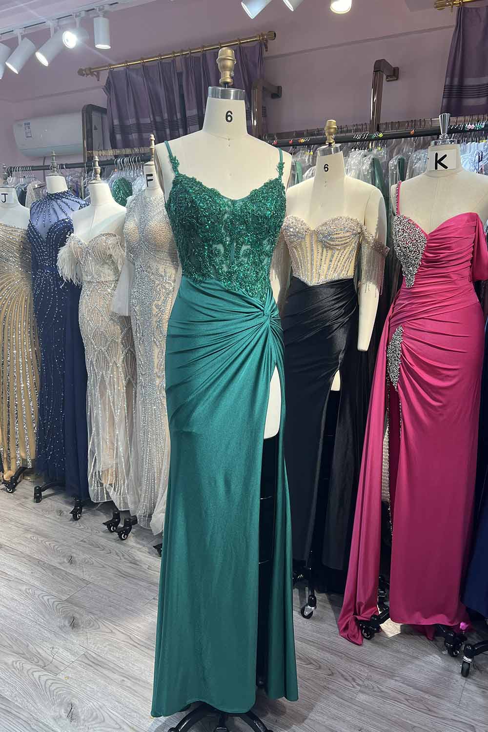 Green V Neck Beading Satin Long Slit Prom Dresses