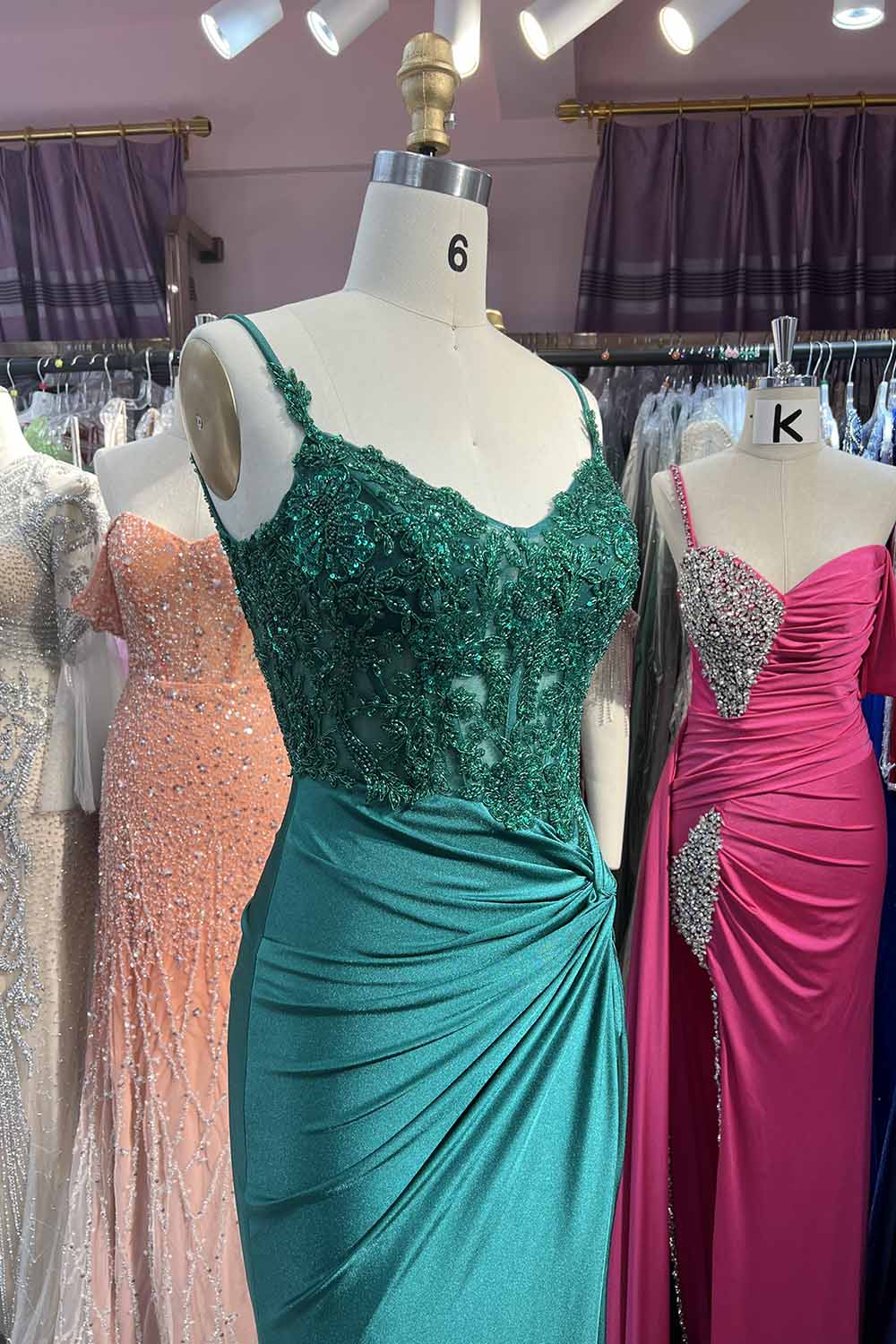 Green V Neck Beading Satin Long Slit Prom Dresses