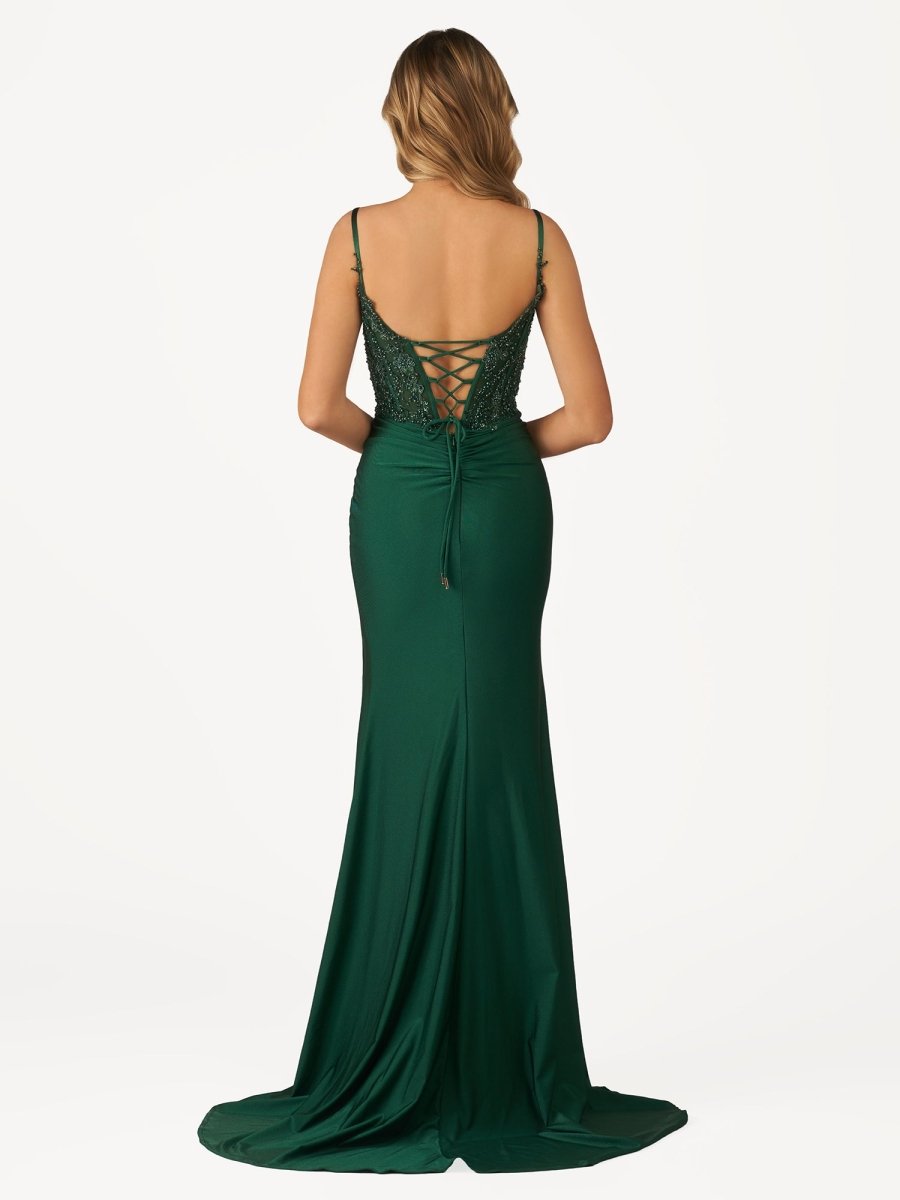 Rafenild | Green V Neck Beading Satin Long Slit Prom Dresses - KissProm