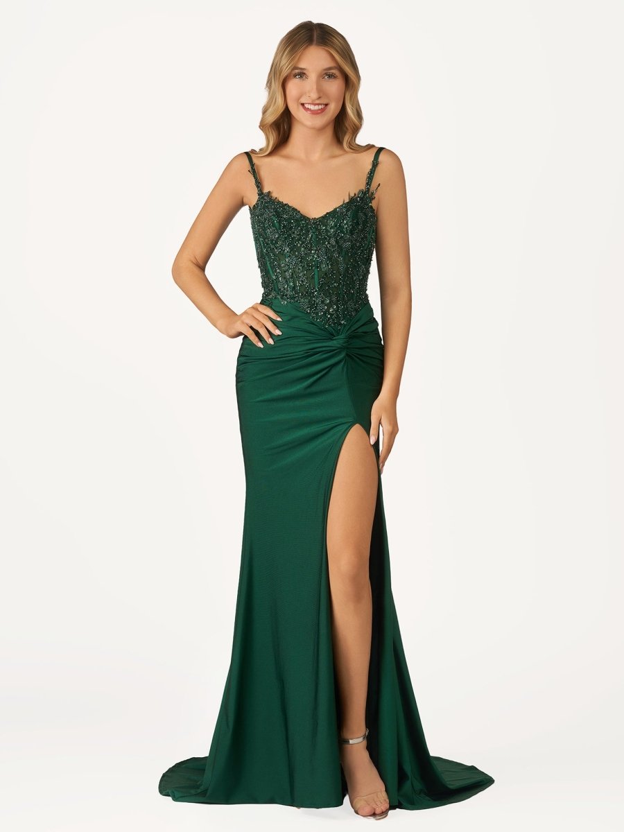 Rafenild | Green V Neck Beading Satin Long Slit Prom Dresses - KissProm