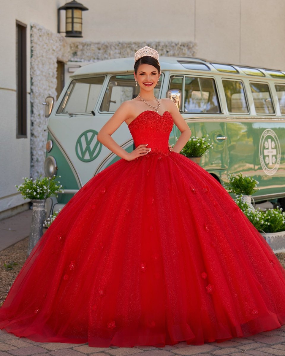 Red 3D Flowers Glitter Sequins Sleeveless Quinceanera Dresses - KissProm