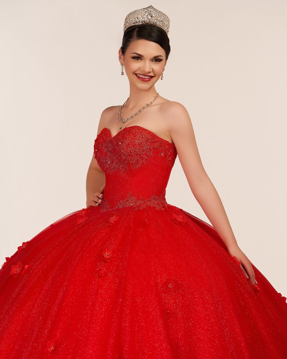 Red 3D Flowers Glitter Sequins Sleeveless Quinceanera Dresses - KissProm