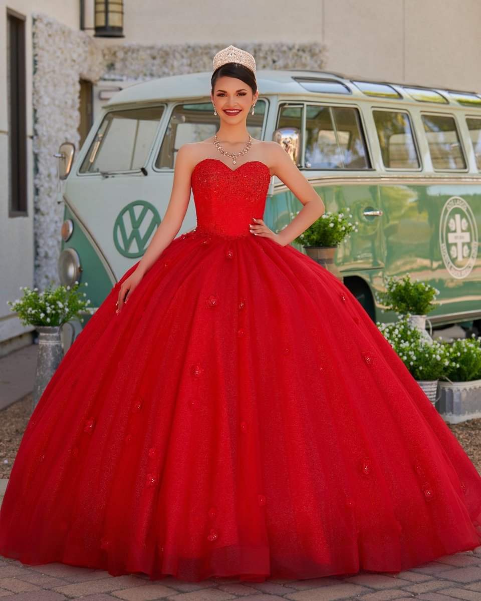Red 3D Flowers Glitter Sequins Sleeveless Quinceanera Dresses - KissProm