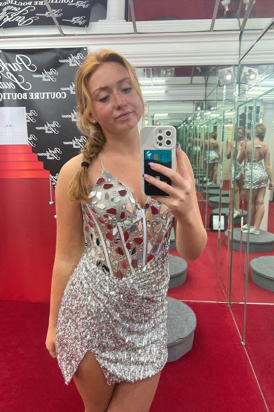 Red Mirror-Cut Sequins Halter Sheath V Neck Homecoming Dress