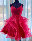 Red Ruffled Tulle Short Homecoming Dress