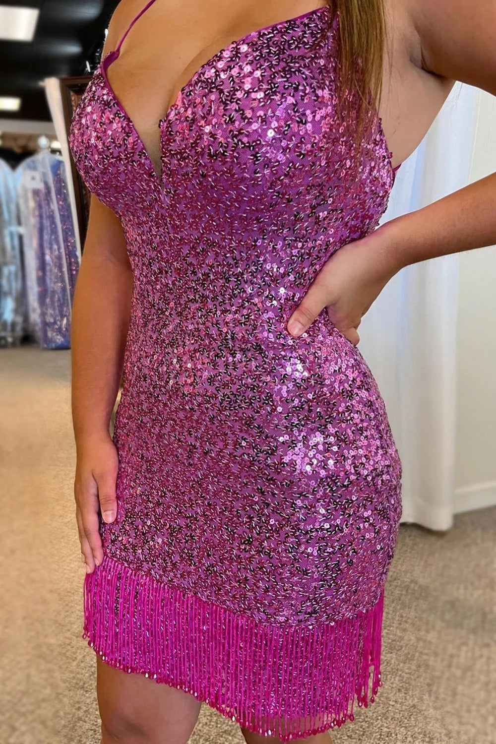 Red Sequins Tight Homecoming Dress with Fringes