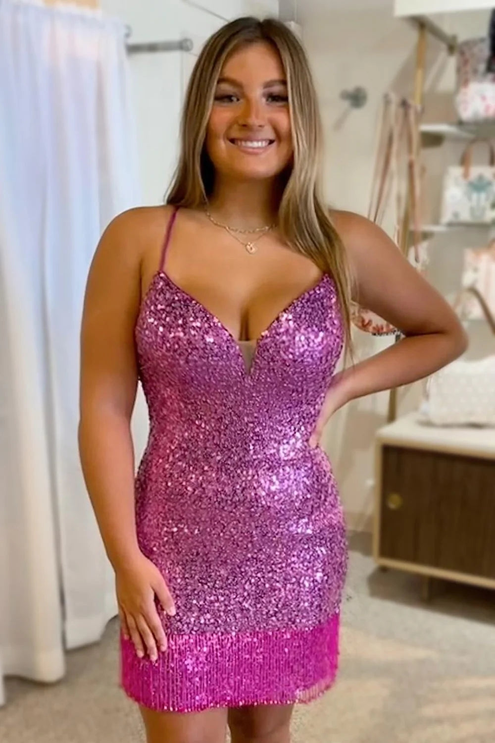 Red Sequins Tight Homecoming Dress with Fringes