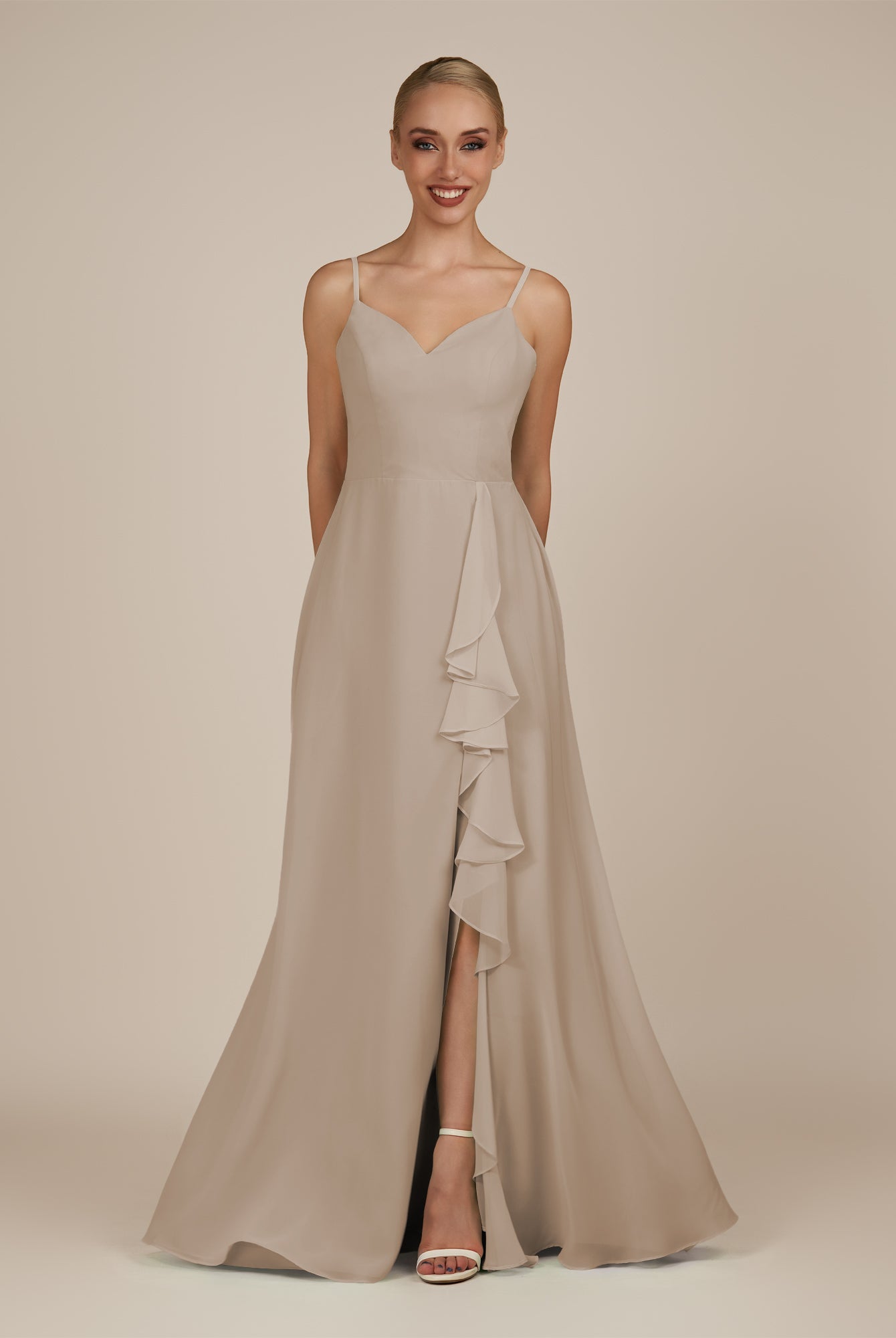 KissDress-Rhonda Almond Sheath Chiffon V Neck Ruffled Long Bridesmaid Dress with Slit