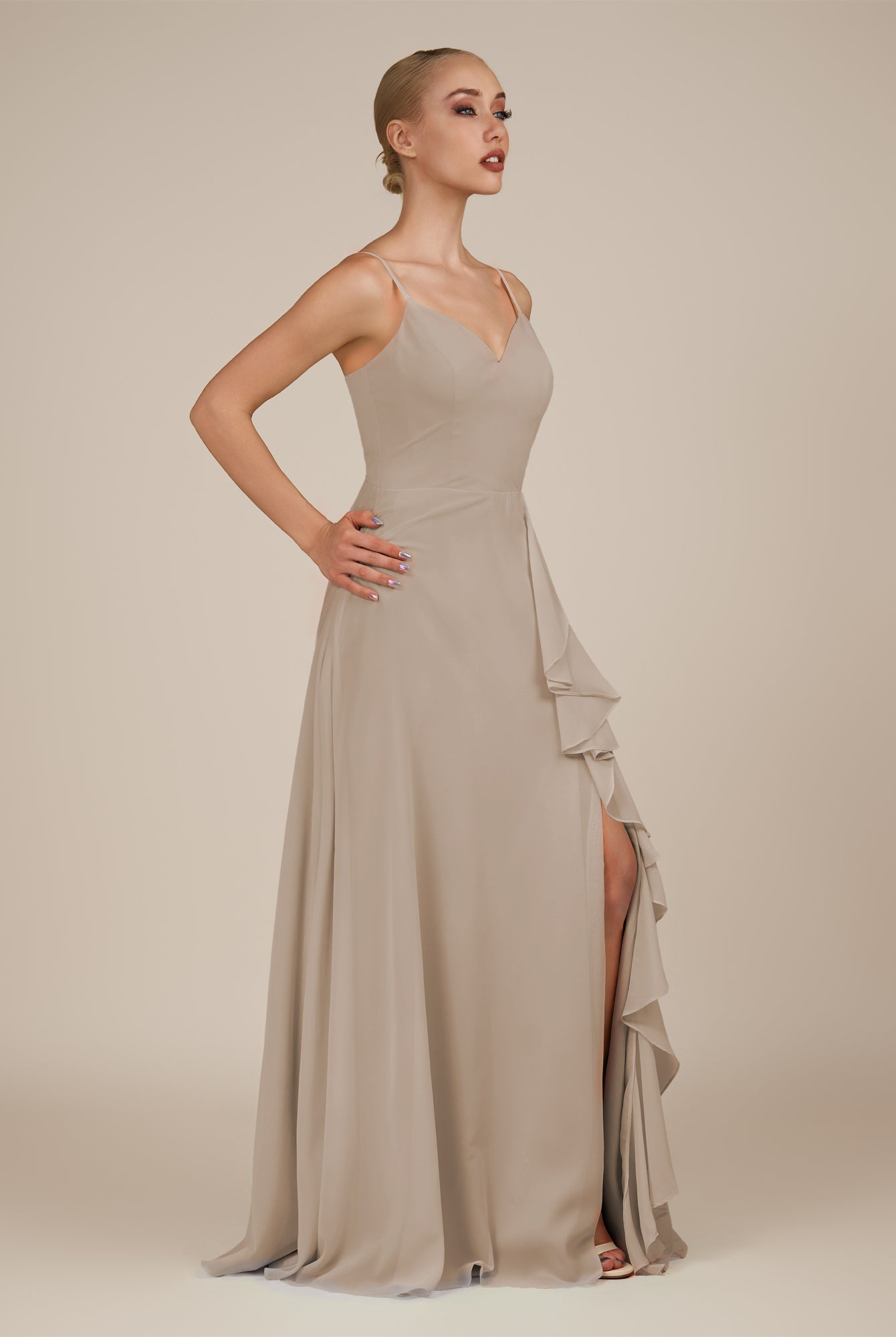 KissDress-Rhonda Almond Sheath Chiffon V Neck Ruffled Long Bridesmaid Dress with Slit