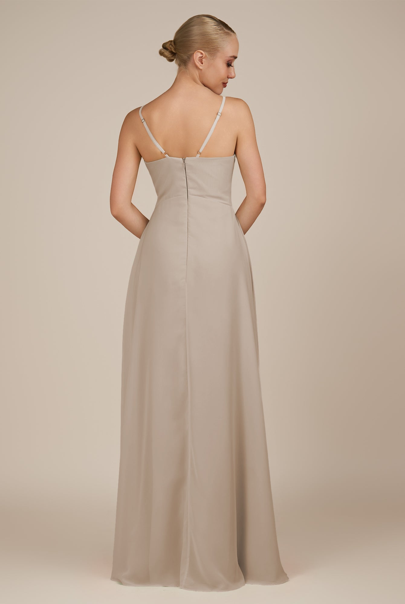 KissDress-Rhonda Almond Sheath Chiffon V Neck Ruffled Long Bridesmaid Dress with Slit