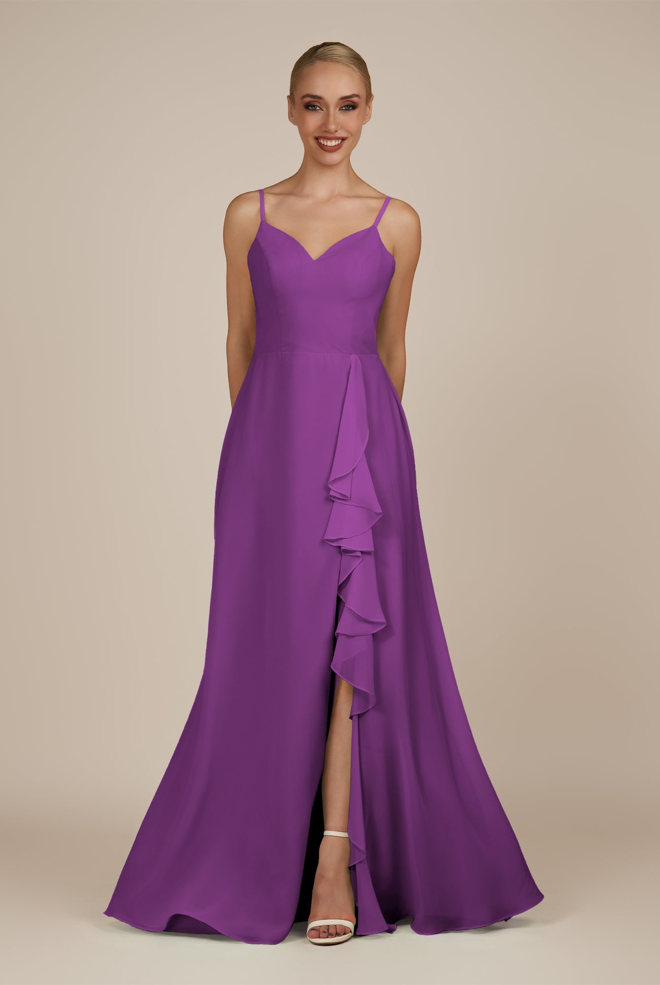 KissDress-Rhonda Amethyst Sheath Chiffon V Neck Ruffled Long Bridesmaid Dress with Slit