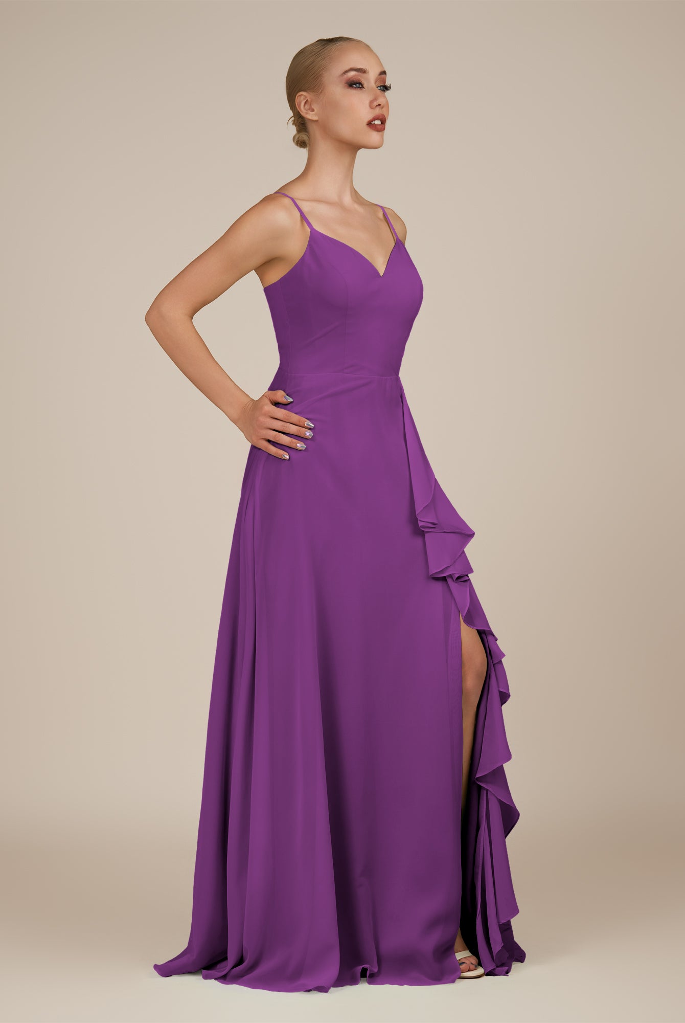 KissDress-Rhonda Amethyst Sheath Chiffon V Neck Ruffled Long Bridesmaid Dress with Slit