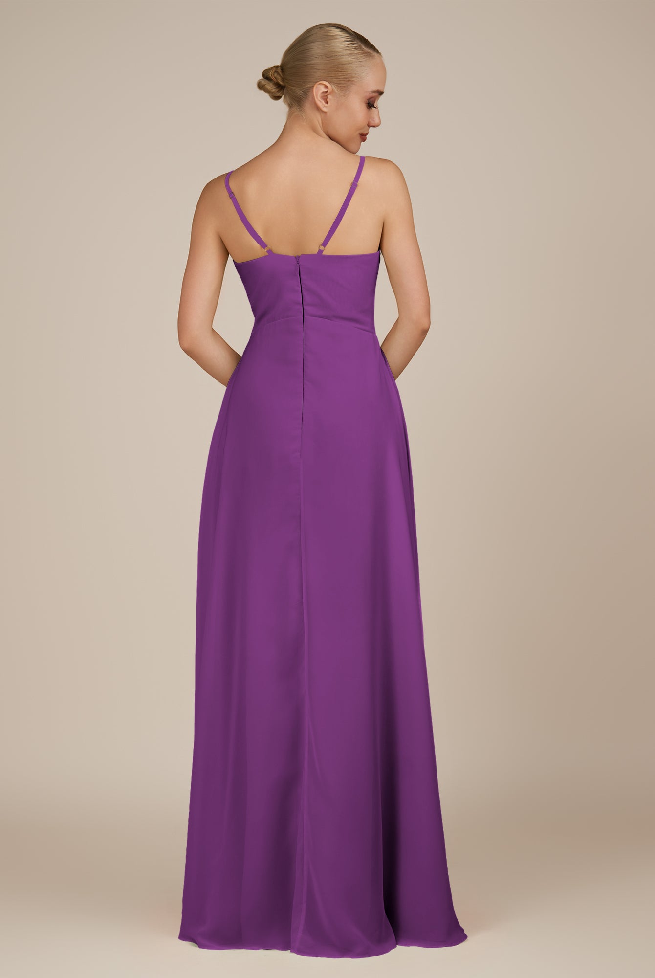 KissDress-Rhonda Amethyst Sheath Chiffon V Neck Ruffled Long Bridesmaid Dress with Slit