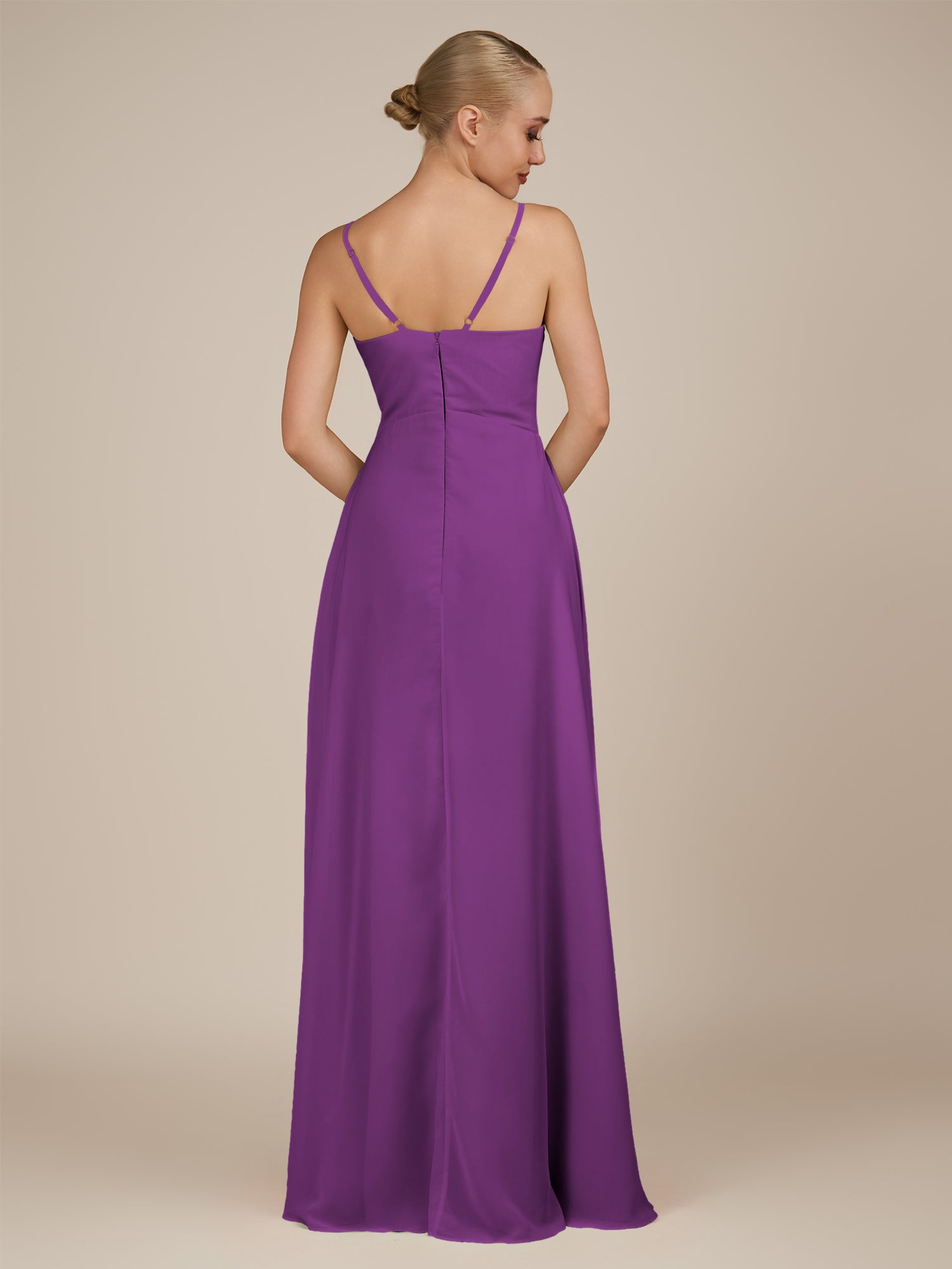 KissDress-Rhonda Amethyst Sheath Chiffon V Neck Ruffled Long Bridesmaid Dress with Slit